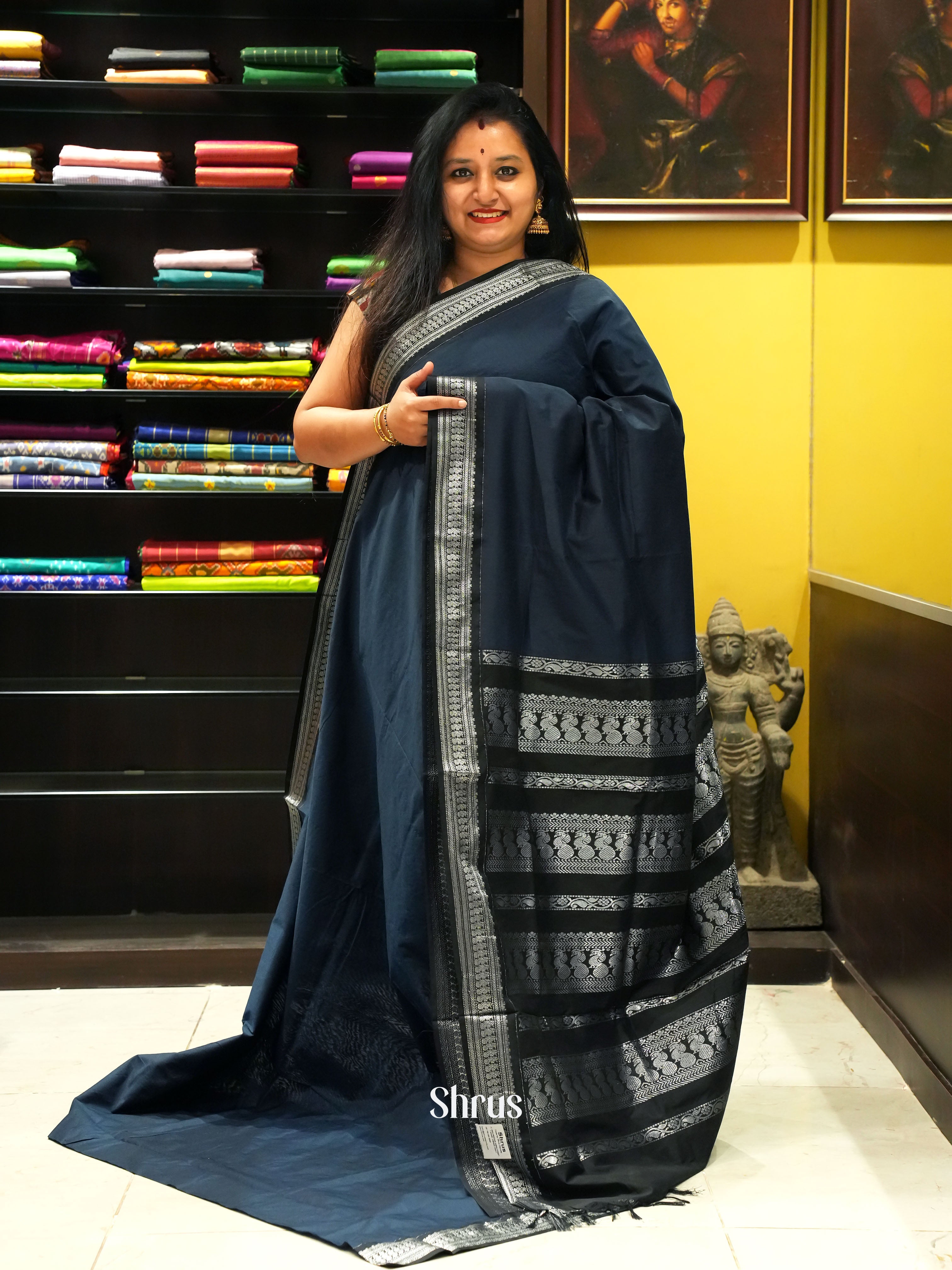 Blue & Black - Kalyani Cotton Saree - Shop on ShrusEternity.com