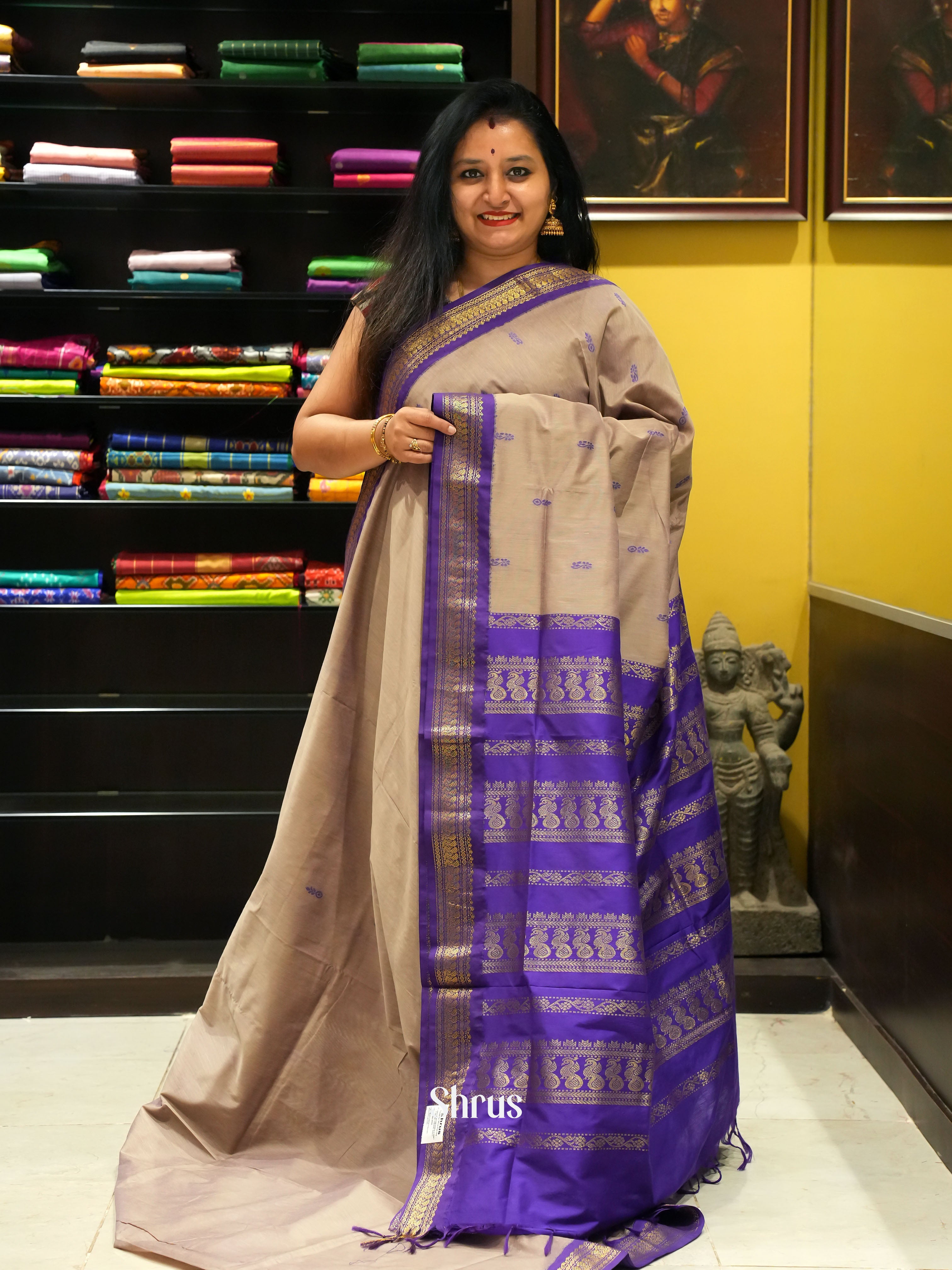 Beige & Purple - Kalyani Cotton Saree - Shop on ShrusEternity.com