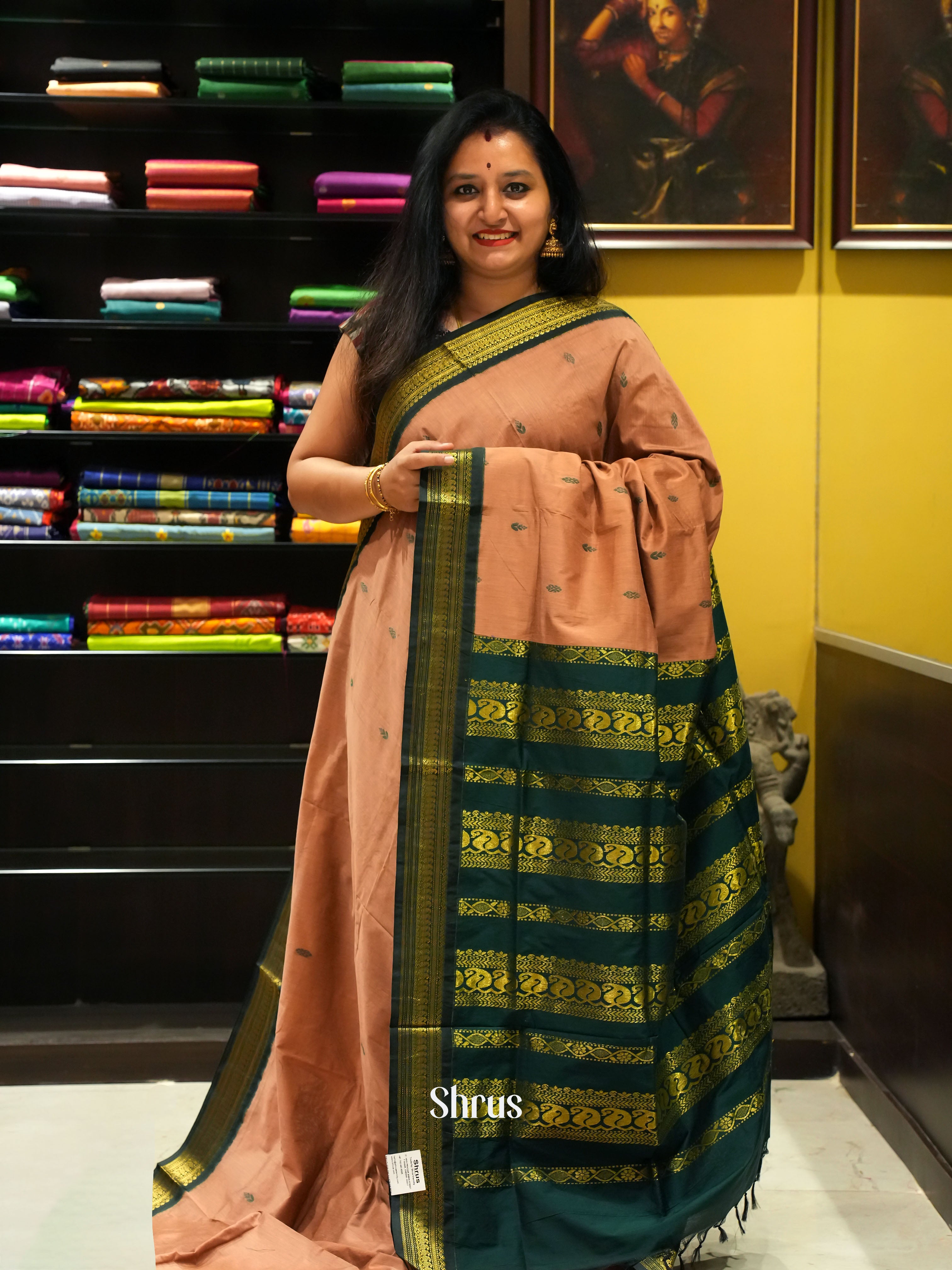 Peach & Green - Kalyani Cotton Saree - Shop on ShrusEternity.com