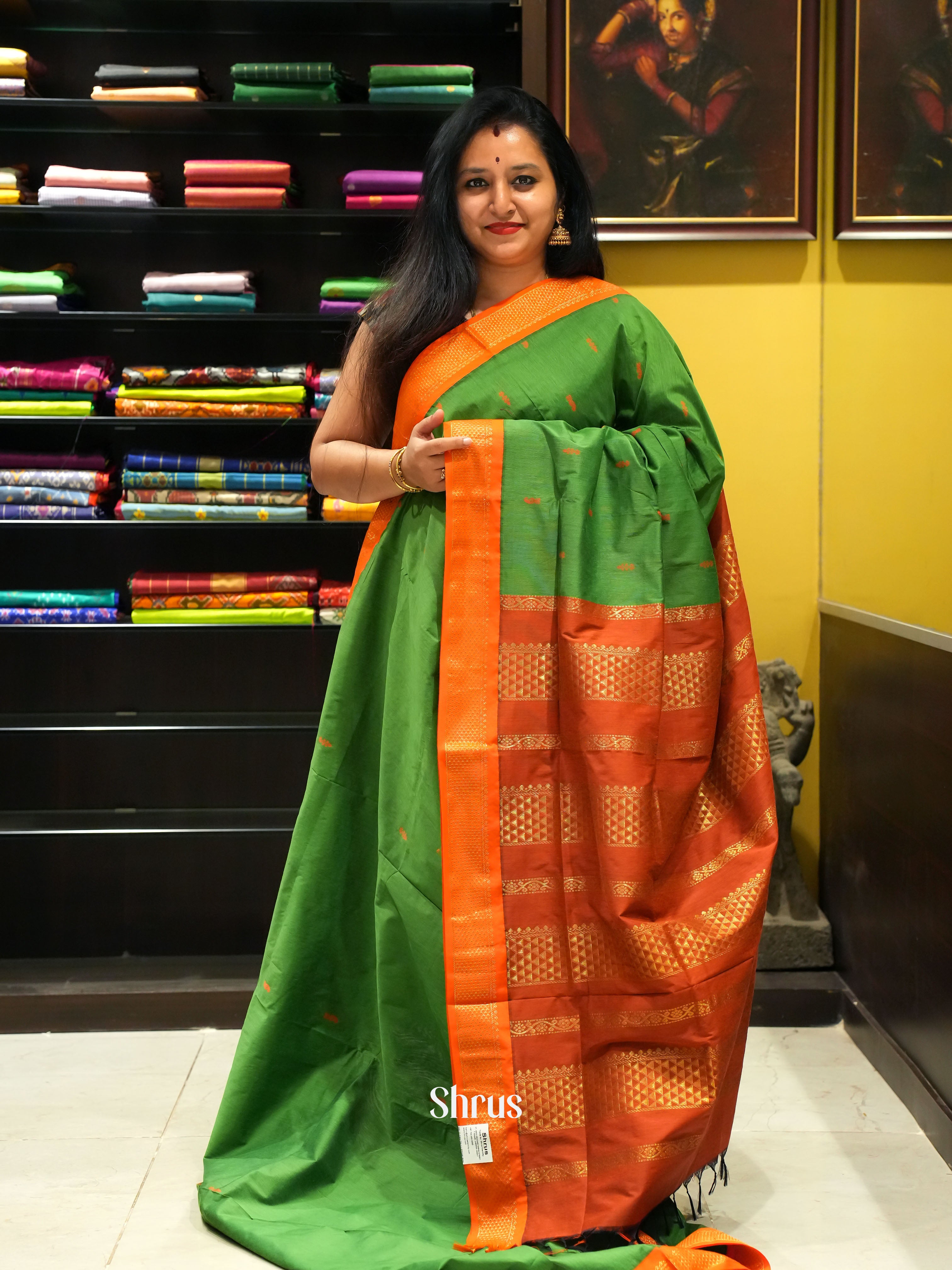 Green & Orange - Kalyani Cotton Saree - Shop on ShrusEternity.com