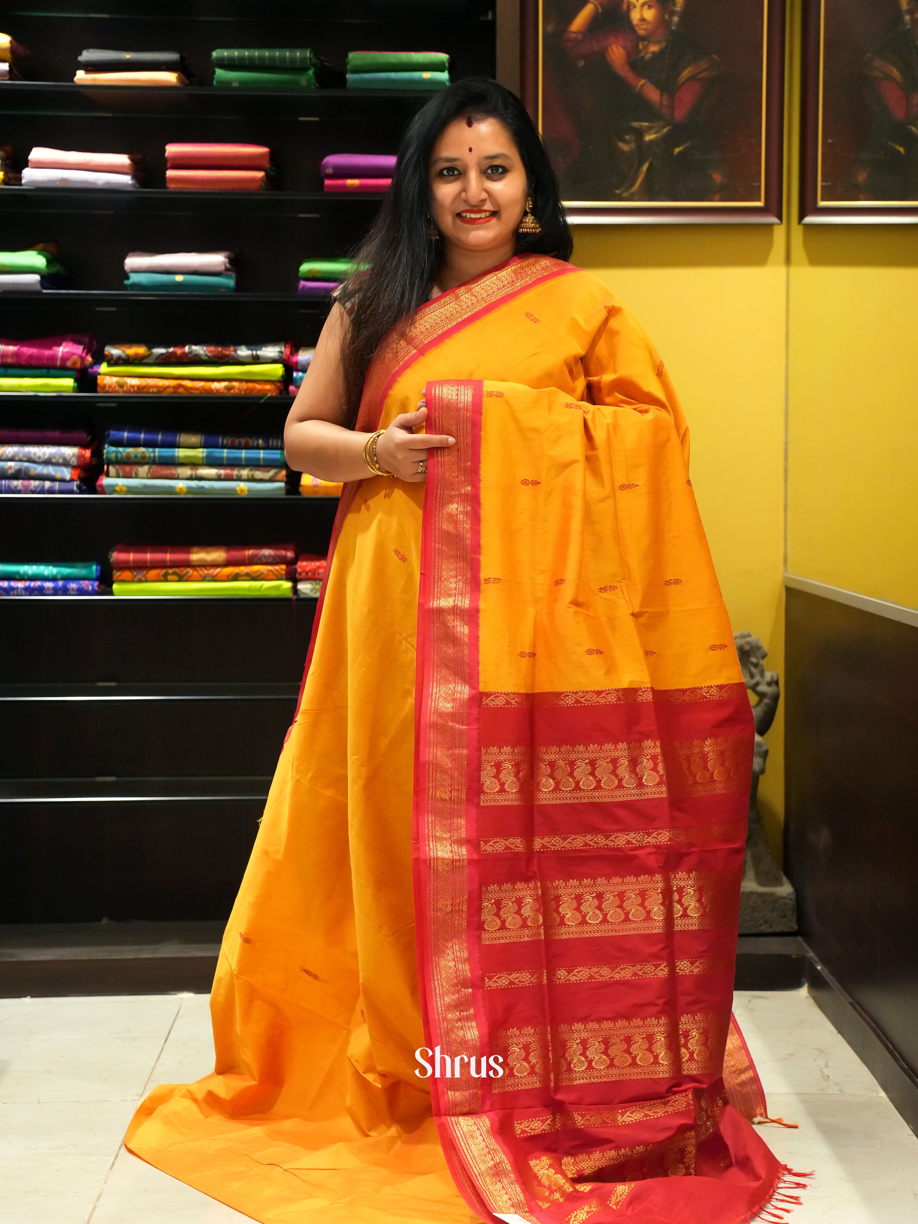 Yellow & Red - Kalyani Cotton Saree - Shop on ShrusEternity.com