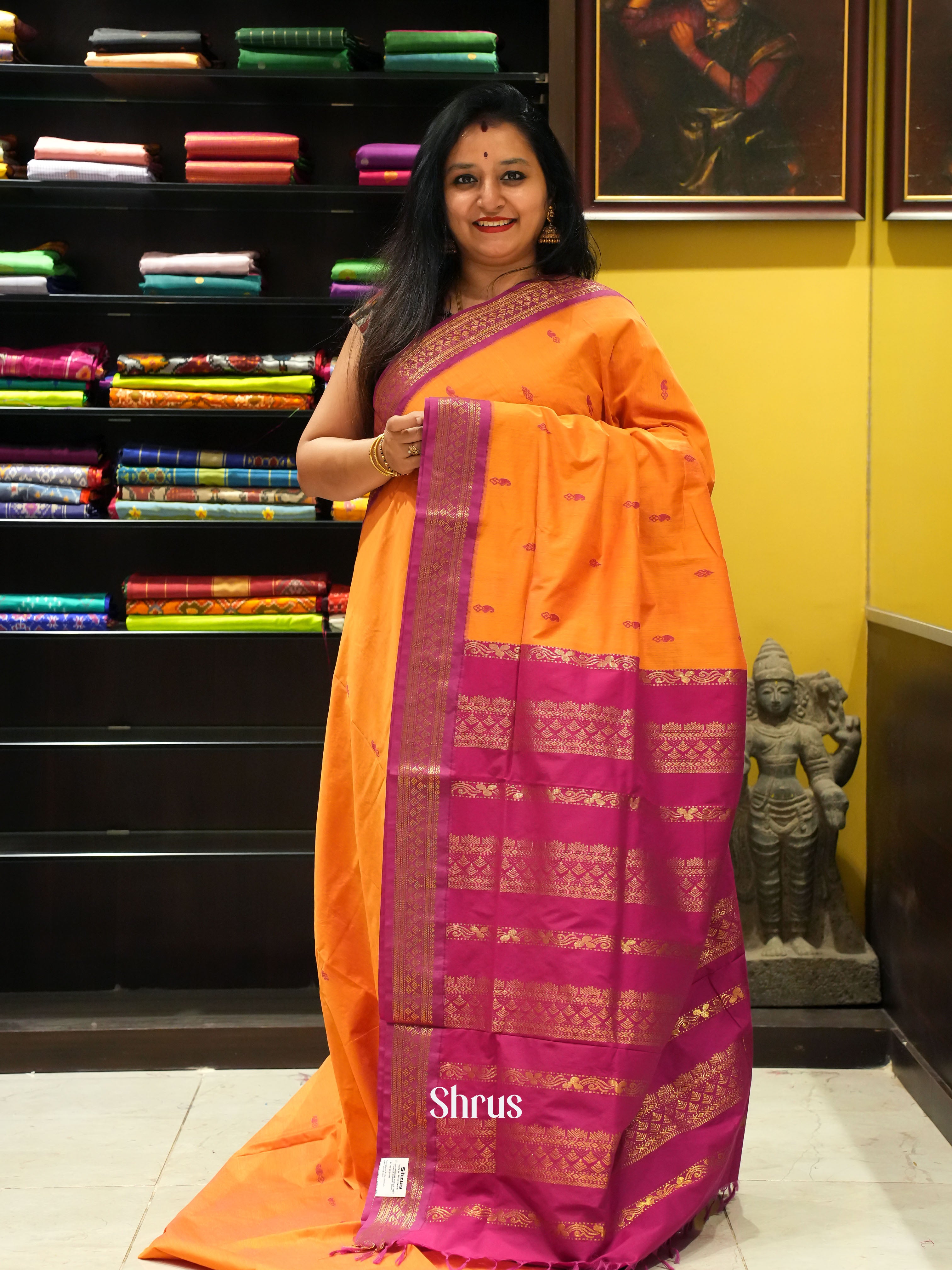 Mambazha Yellow & Majenta- Kalyani Cotton Saree - Shop on ShrusEternity.com