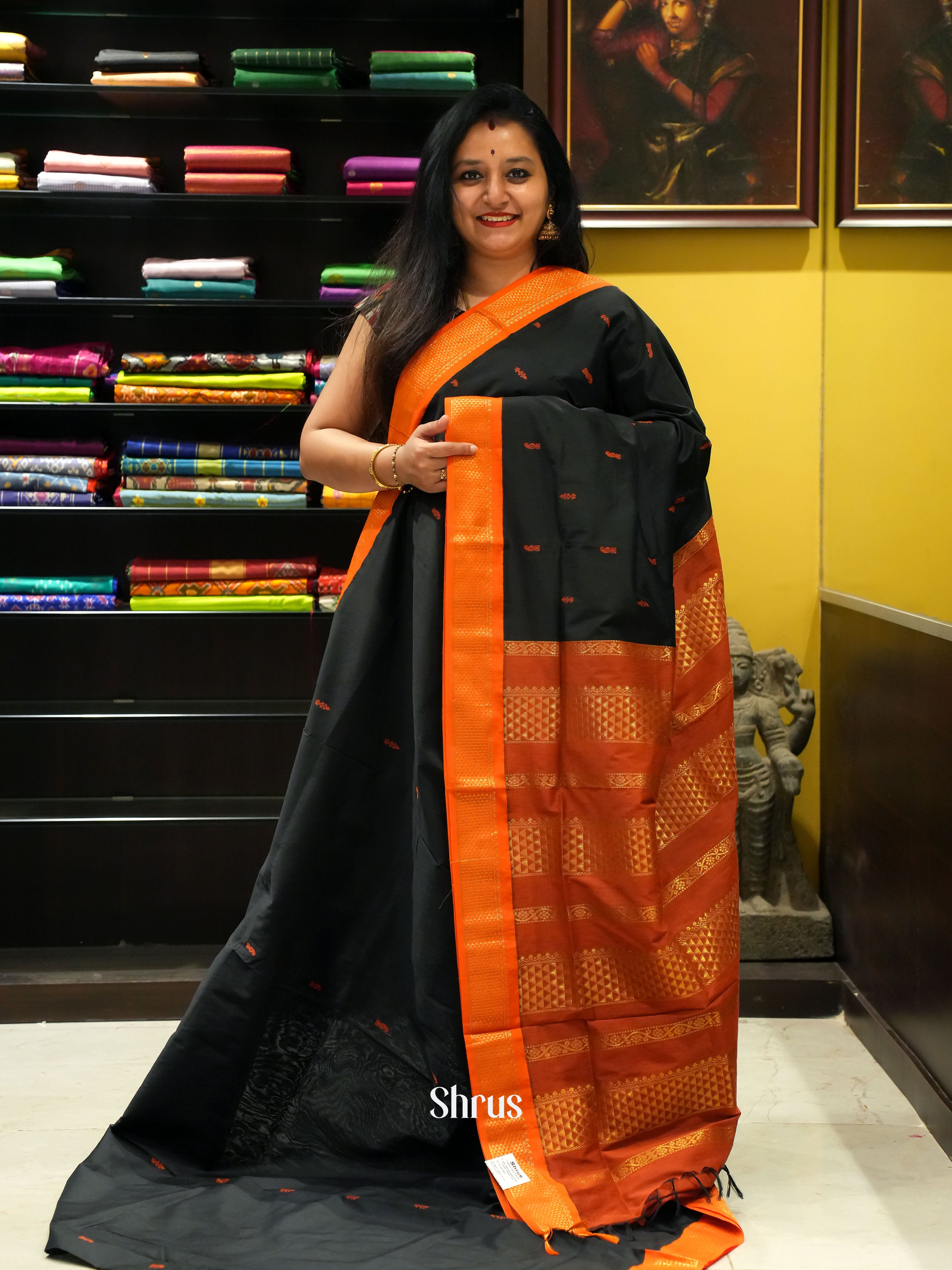 Black & Orange - Kalyani Cotton Saree - Shop on ShrusEternity.com