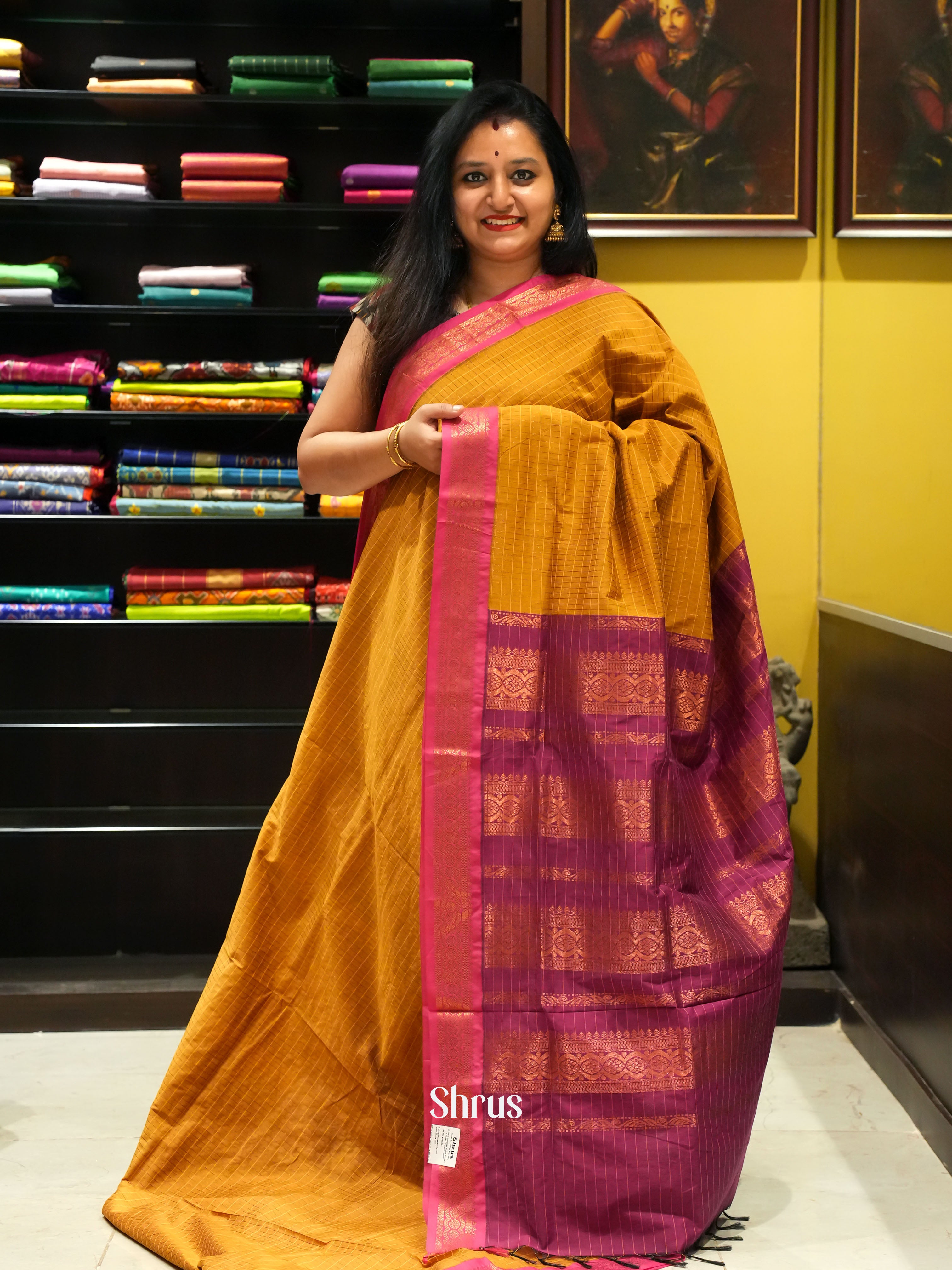 Mustard & Purple- Kalyani Cotton Saree - Shop on ShrusEternity.com