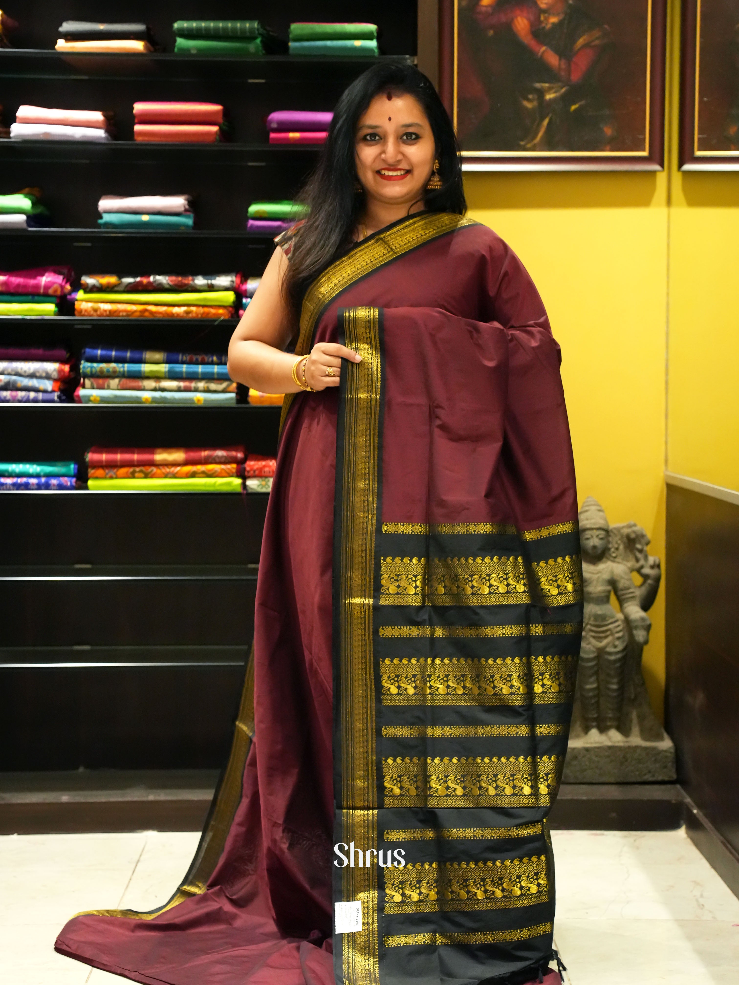 Maroon & Black - Kalyani Cotton Saree - Shop on ShrusEternity.com