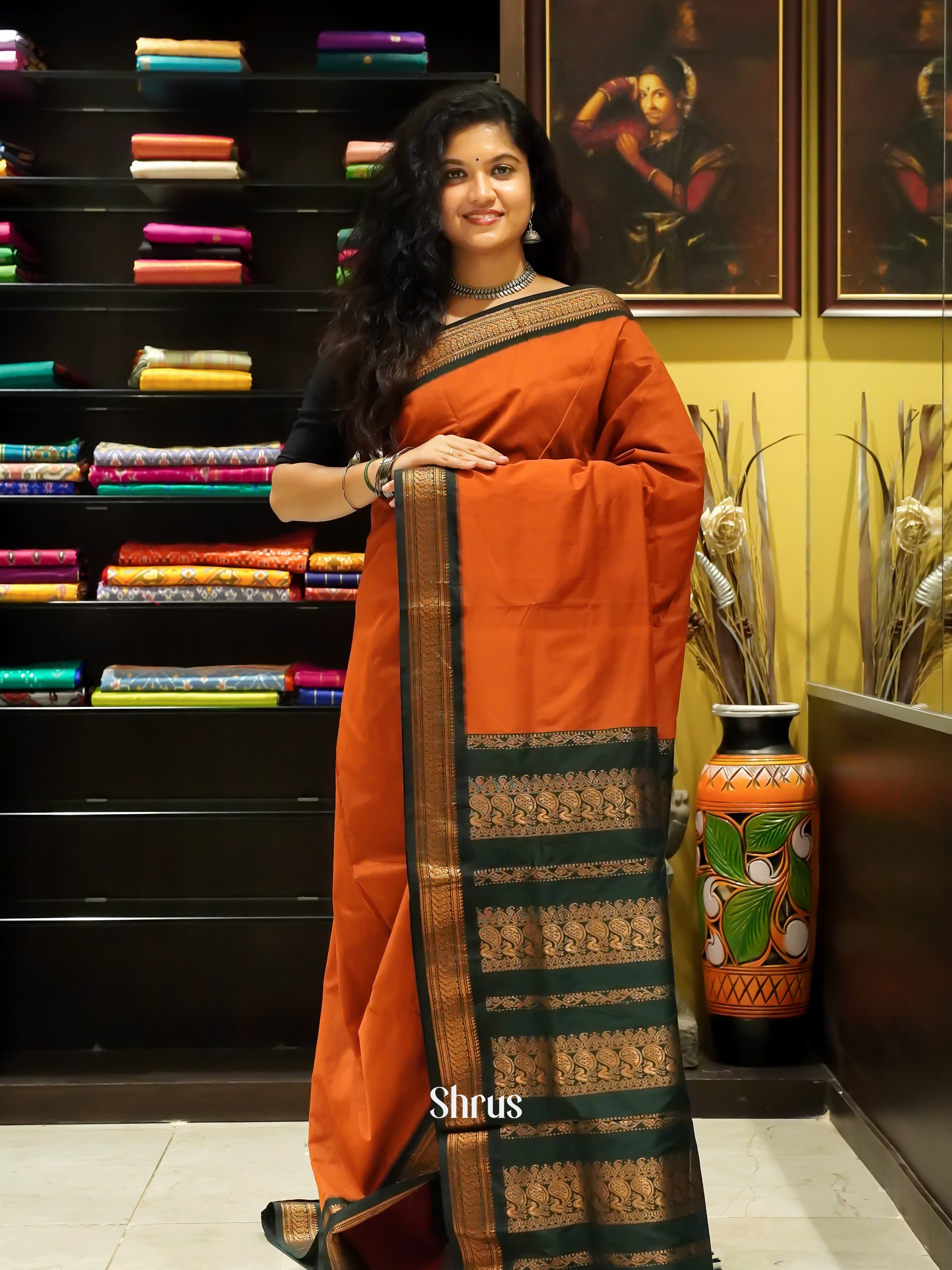 Orange & Green - Kalyani Cotton Saree - Shop on ShrusEternity.com