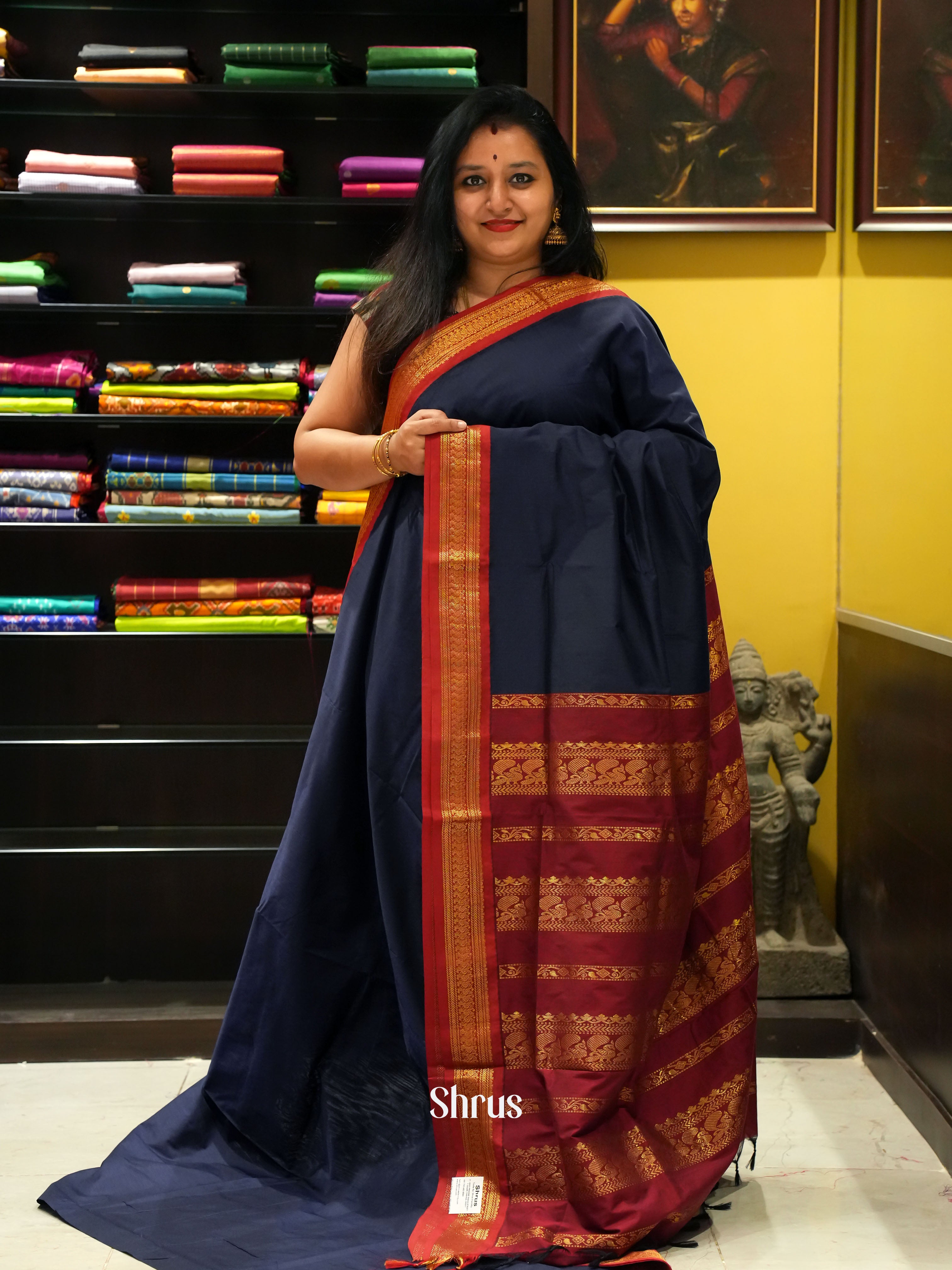 Blue & Maroon - Kalyani Cotton Saree - Shop on ShrusEternity.com