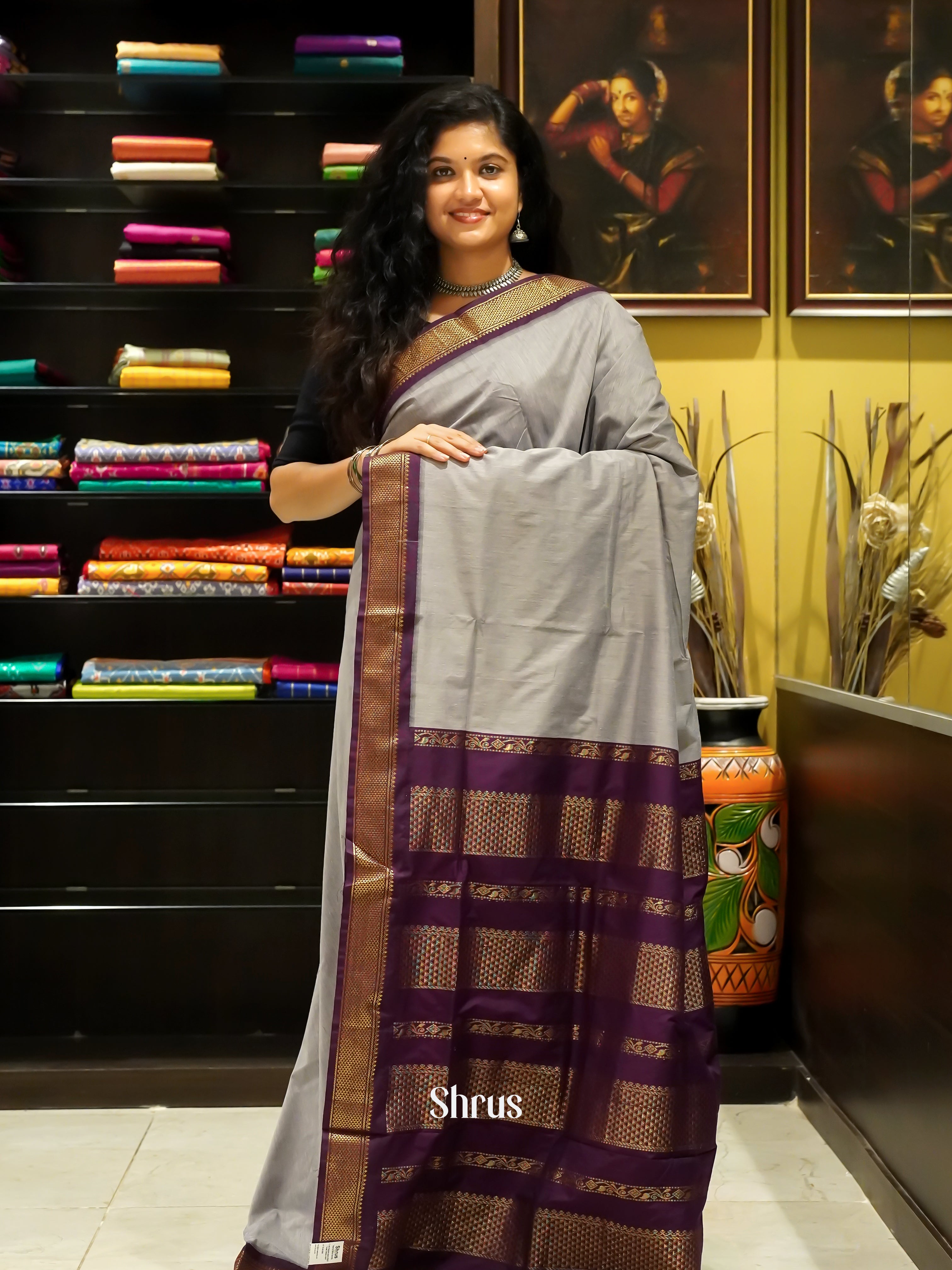 Grey & Purple - Kalyani Cotton Saree - Shop on ShrusEternity.com
