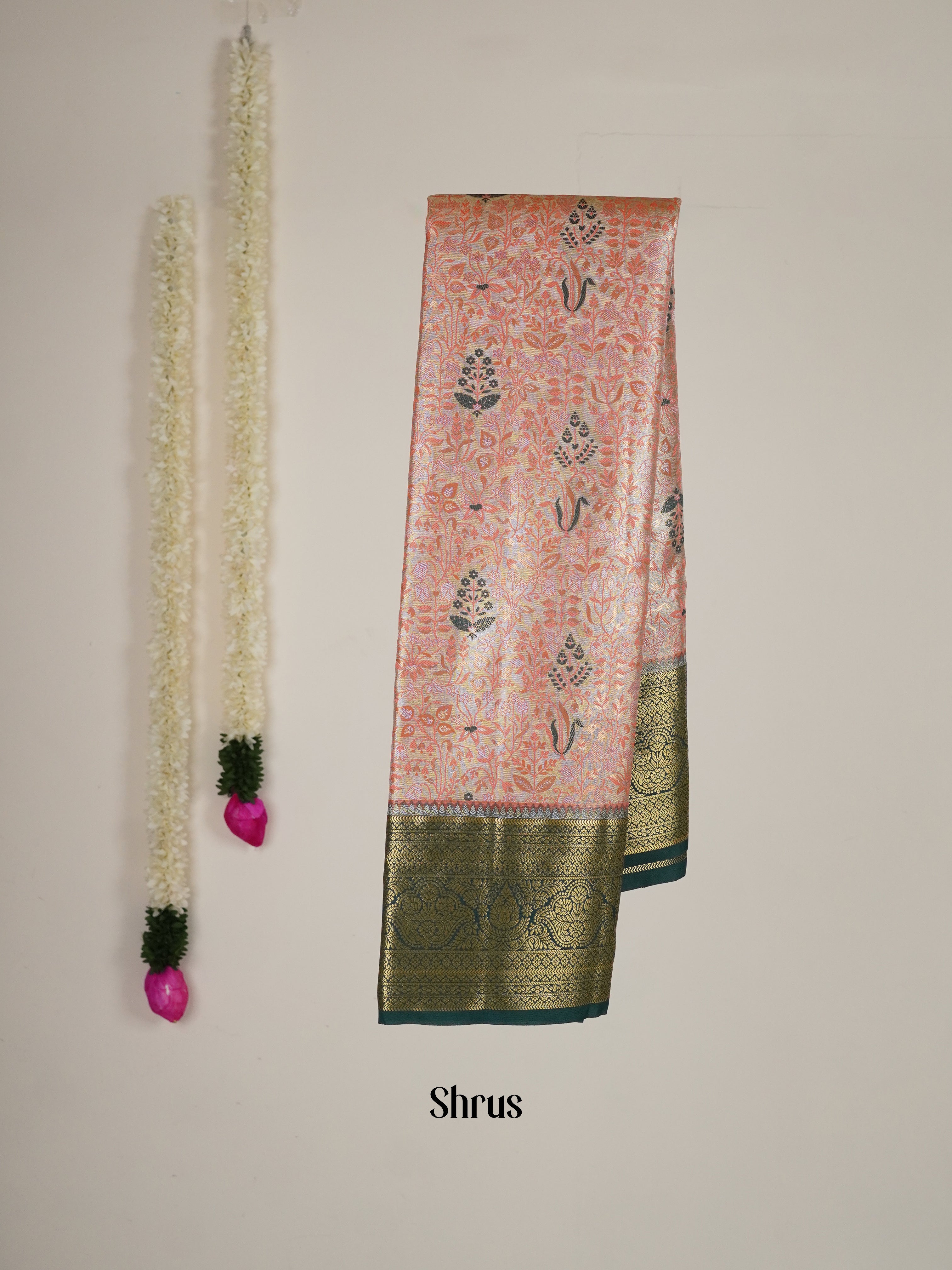 Peach & Green - Kanchipuram-halfpure Saree - Shop on ShrusEternity.com