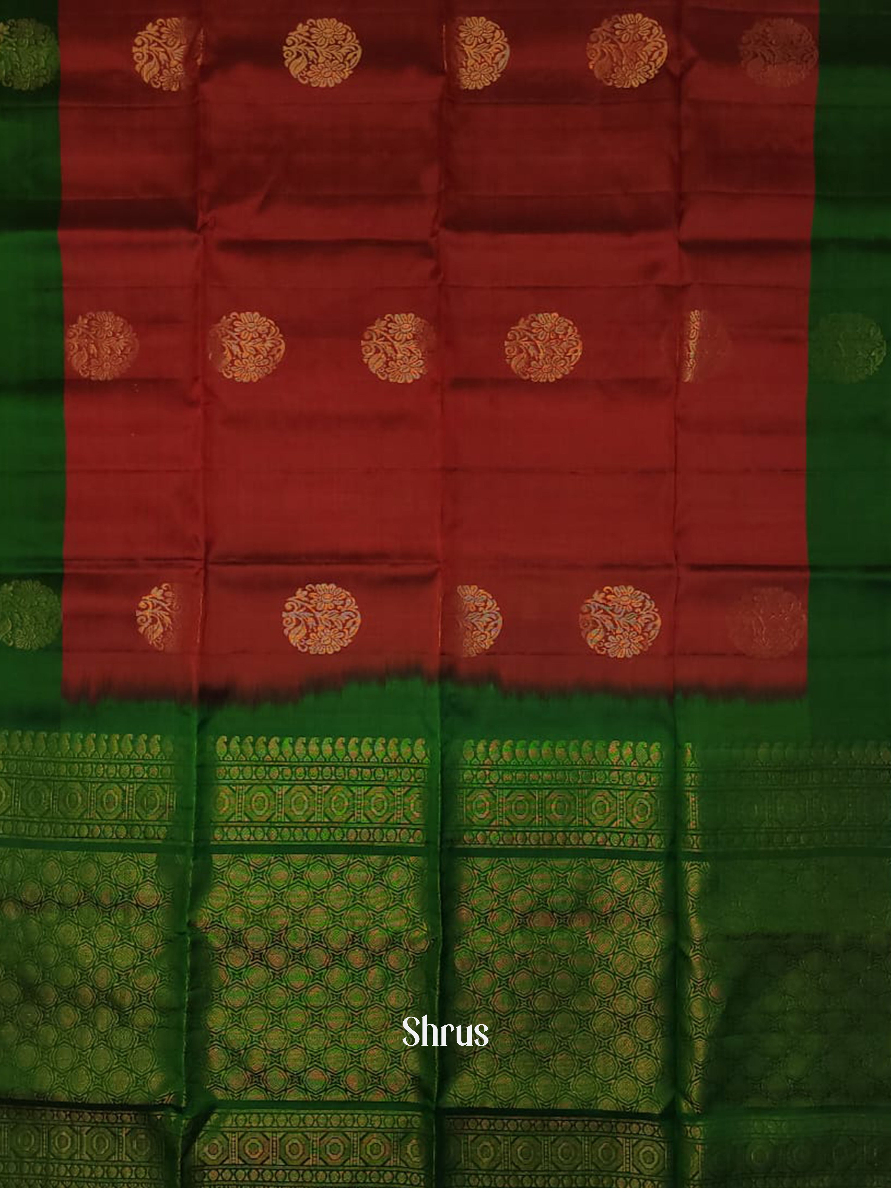Maroon & Green - Soft silk-half pure Saree - Shop on ShrusEternity.com