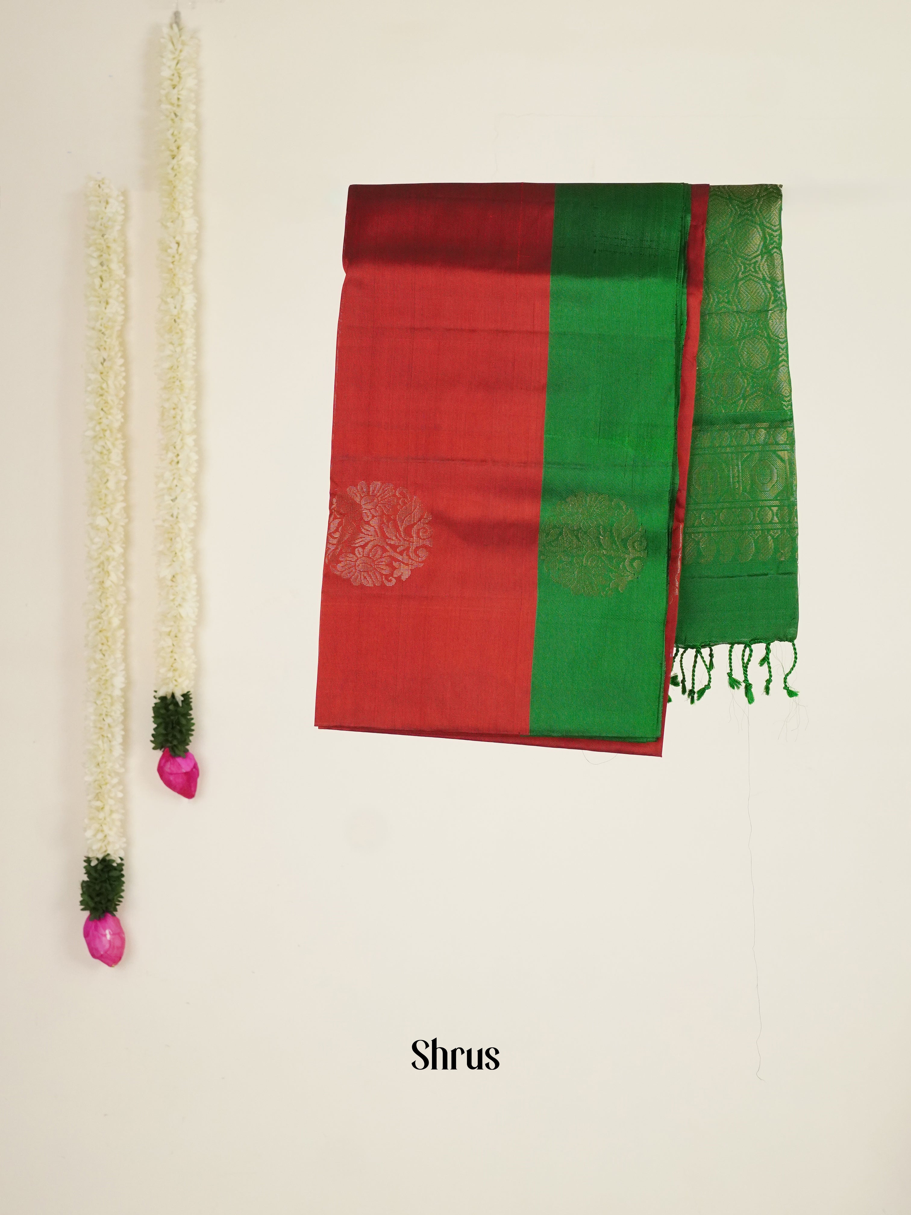 Maroon & Green - Soft silk-half pure Saree - Shop on ShrusEternity.com