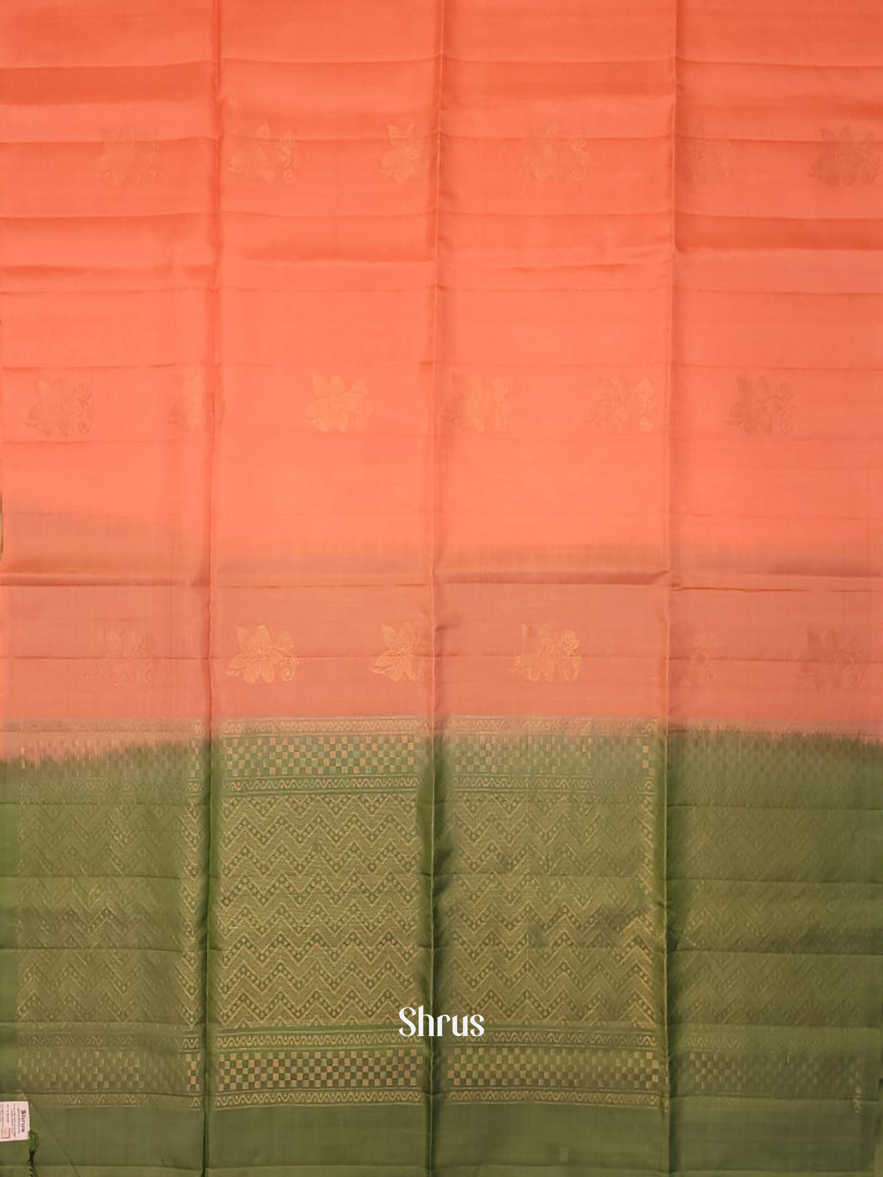 Peachish Pink & Green - Soft silk-halfpure Saree - Shop on ShrusEternity.com