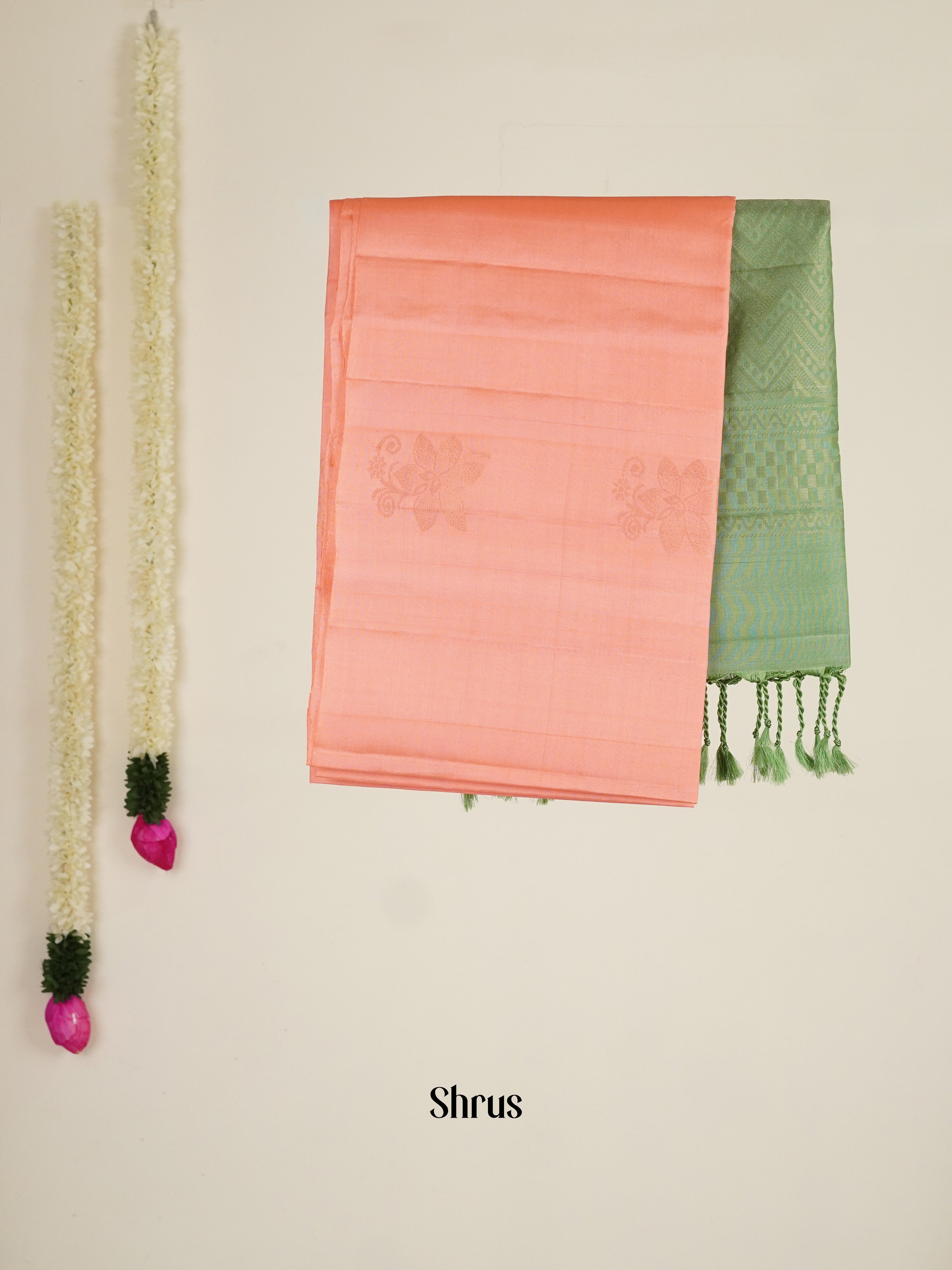 Peachish Pink & Green - Soft silk-halfpure Saree - Shop on ShrusEternity.com