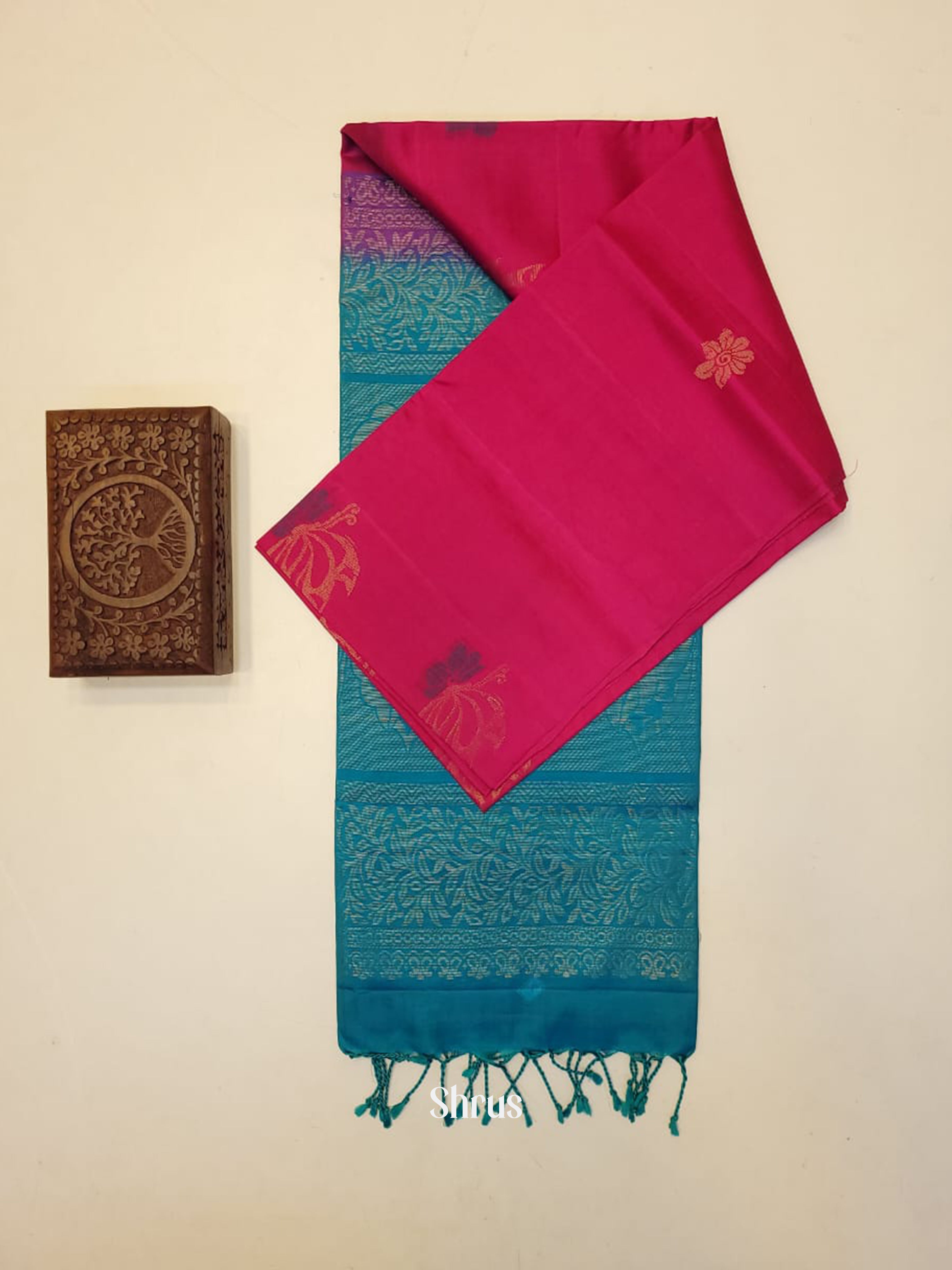 Pink & Blue - Soft silk-halfpure Saree - Shop on ShrusEternity.com