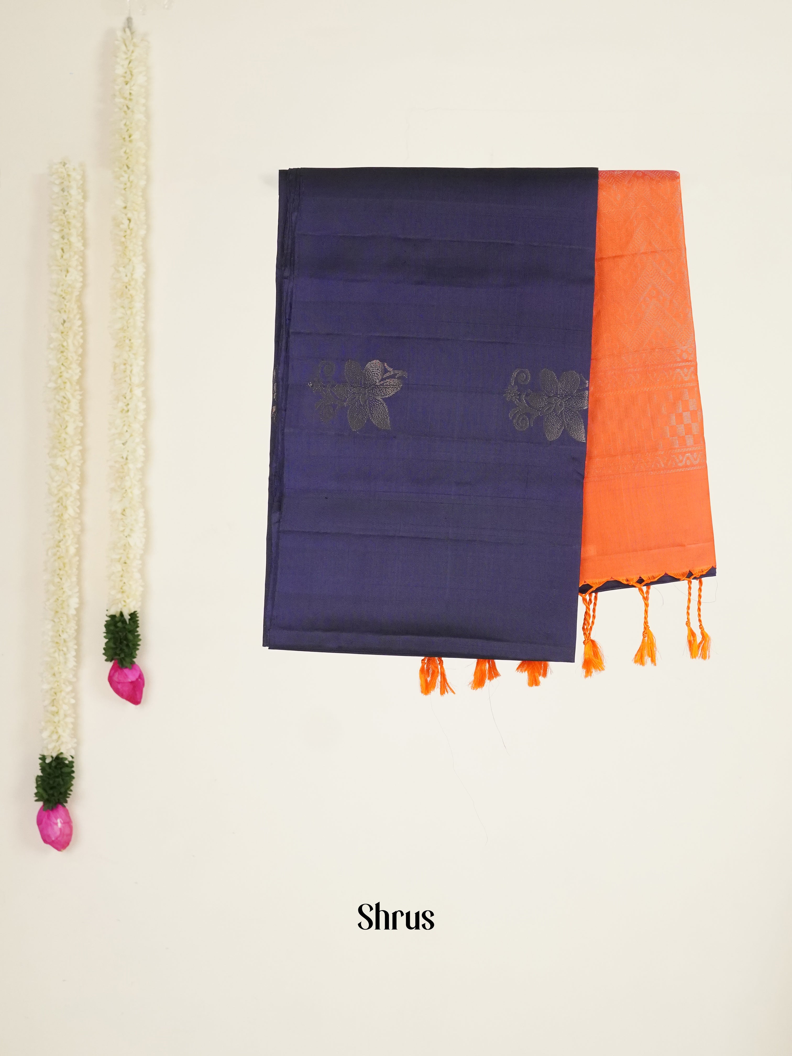 Navy Blue & Orange - Softsilk-halfpure Saree - Shop on ShrusEternity.com