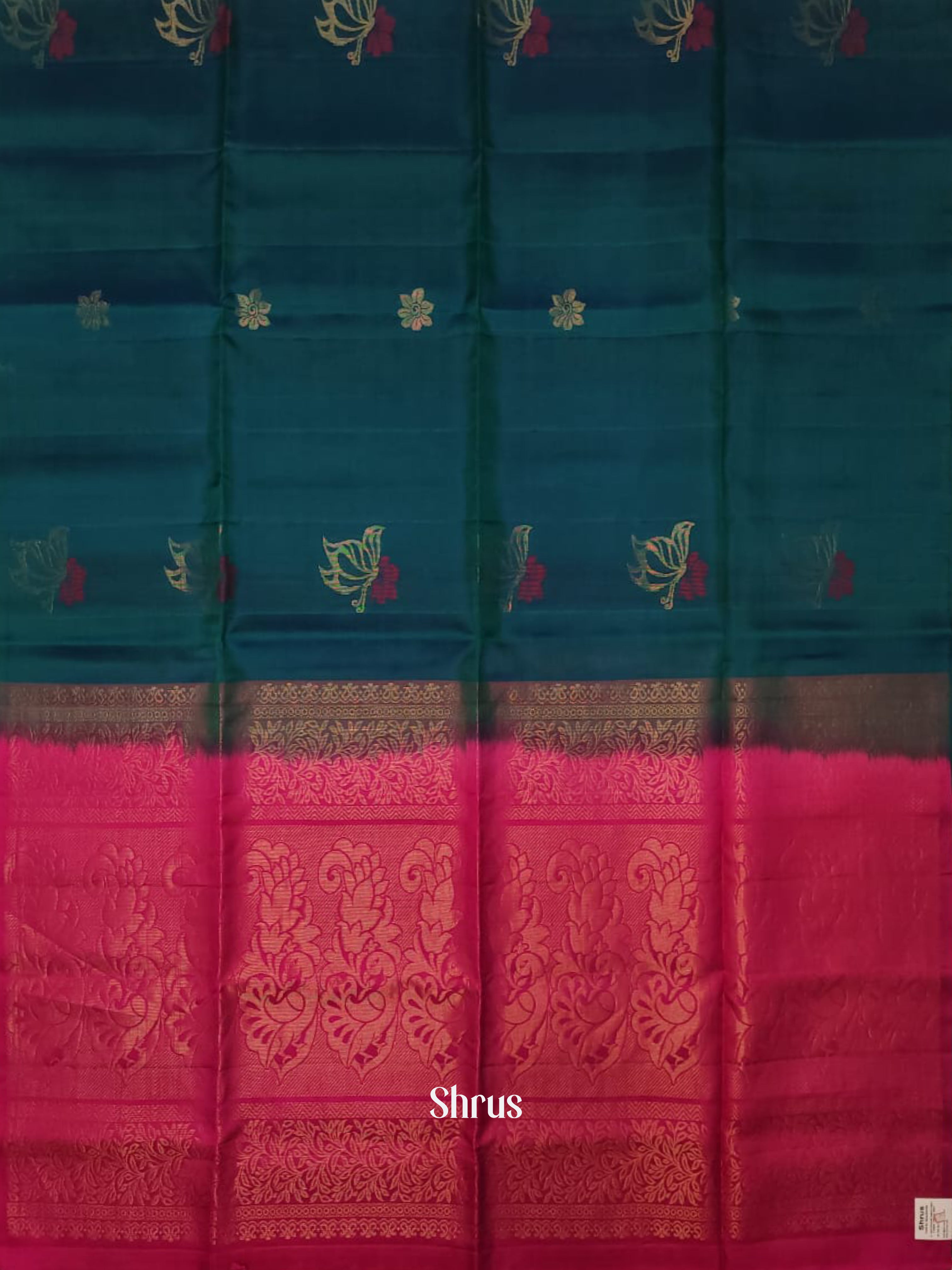 Peacock Blue & Pink - Soft silk-halfpure Saree - Shop on ShrusEternity.com