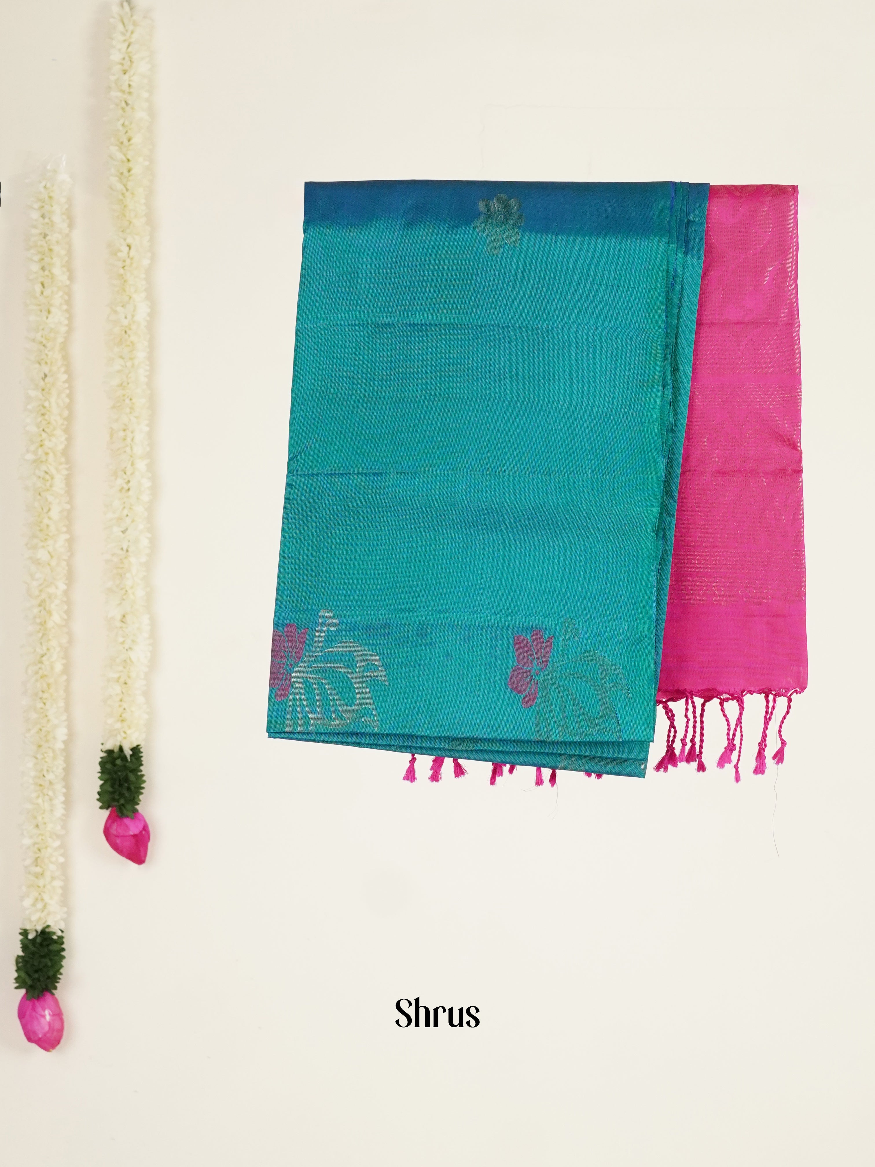 Peacock Blue & Pink - Soft silk-halfpure Saree - Shop on ShrusEternity.com