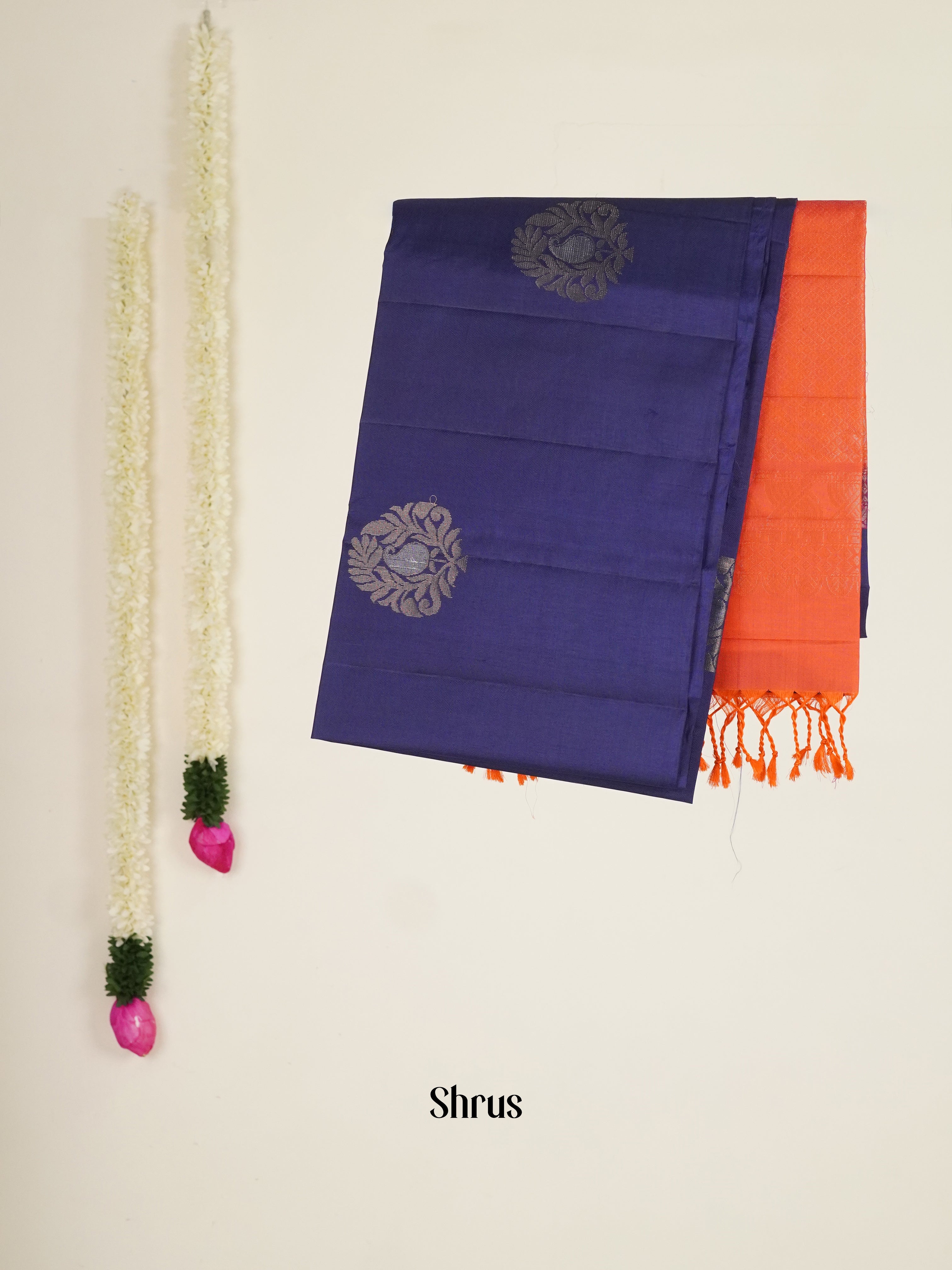 Blue & Orange - Soft silk-halfpure Saree - Shop on ShrusEternity.com