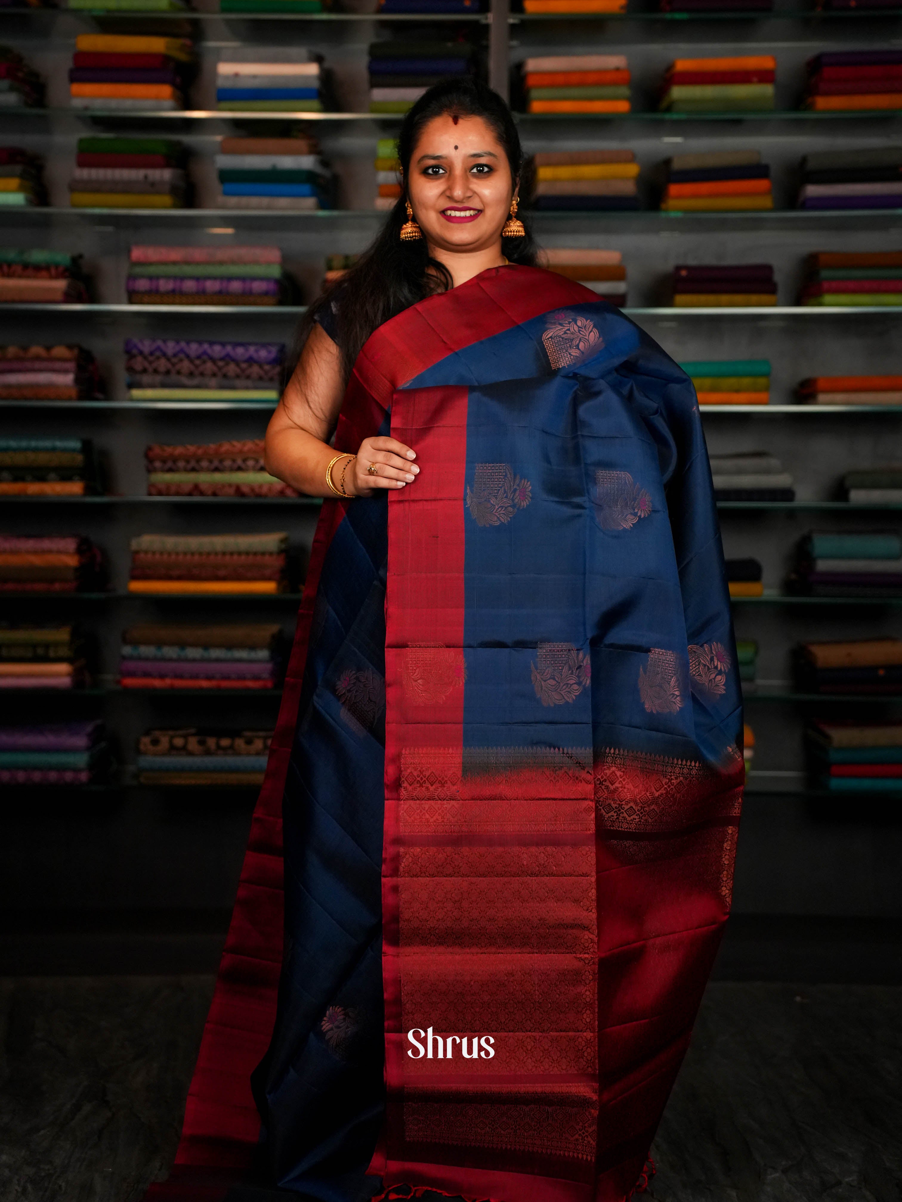 Navy Blue & Maroon - Soft silk-halfpure Saree - Shop on ShrusEternity.com