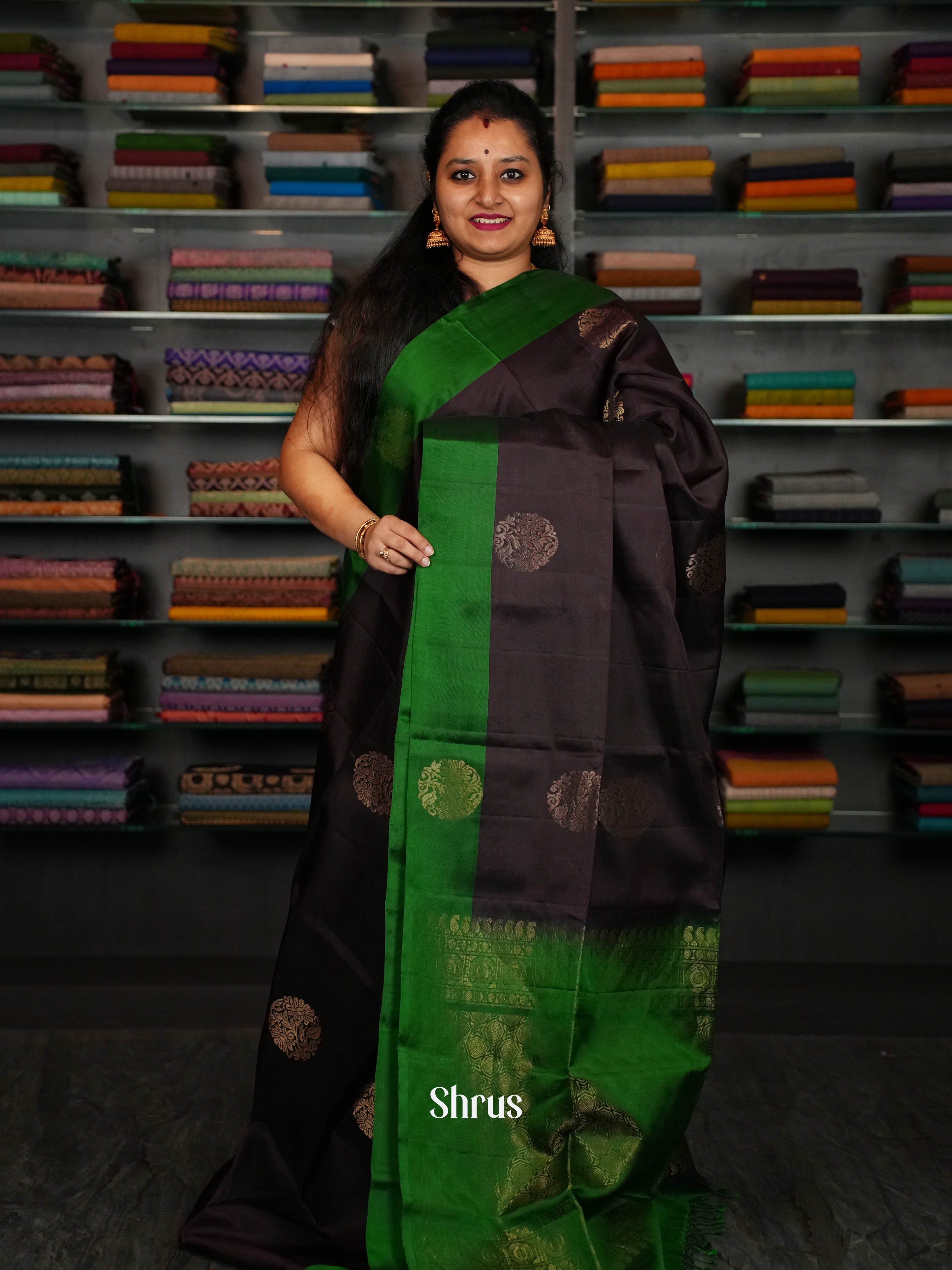 Dark Brown & Green - Softsilk-halfpure Saree - Shop on ShrusEternity.com