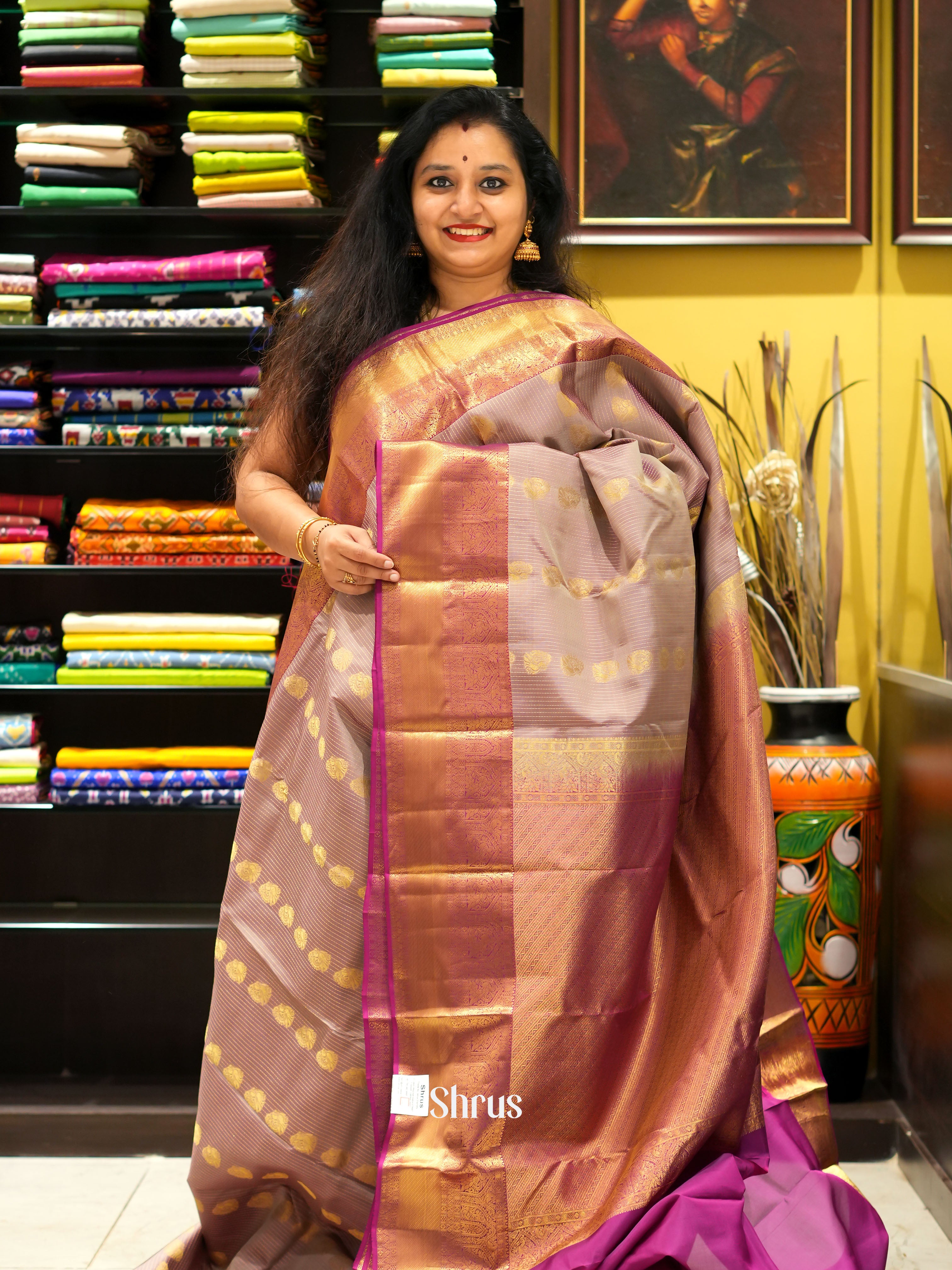 Grey & Majenta - Kanchipuram-halfpure Saree - Shop on ShrusEternity.com