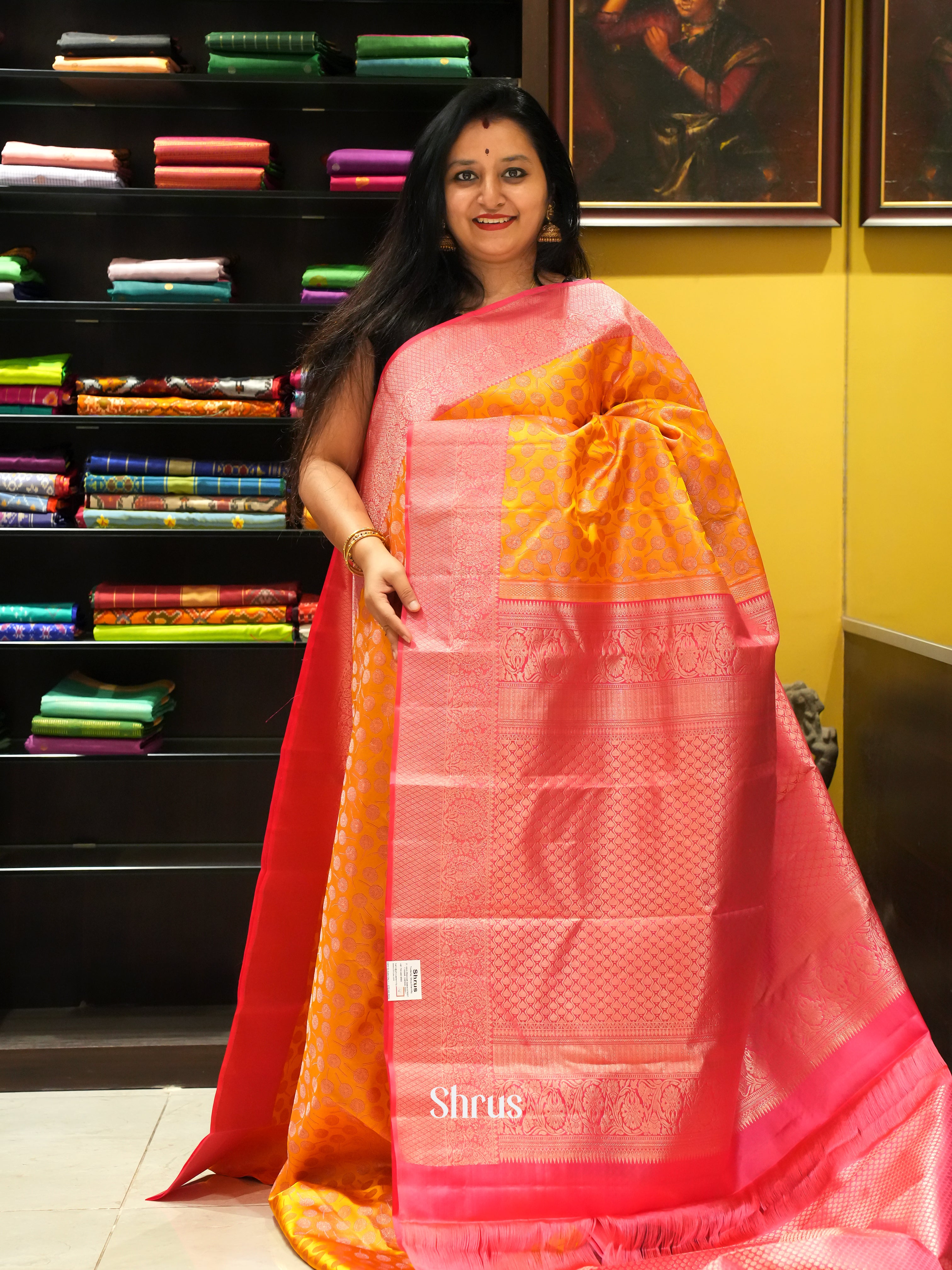 Mustard and Pink Kanchipuram silk Saree With Golden Zari Woven Floral Brocade-1