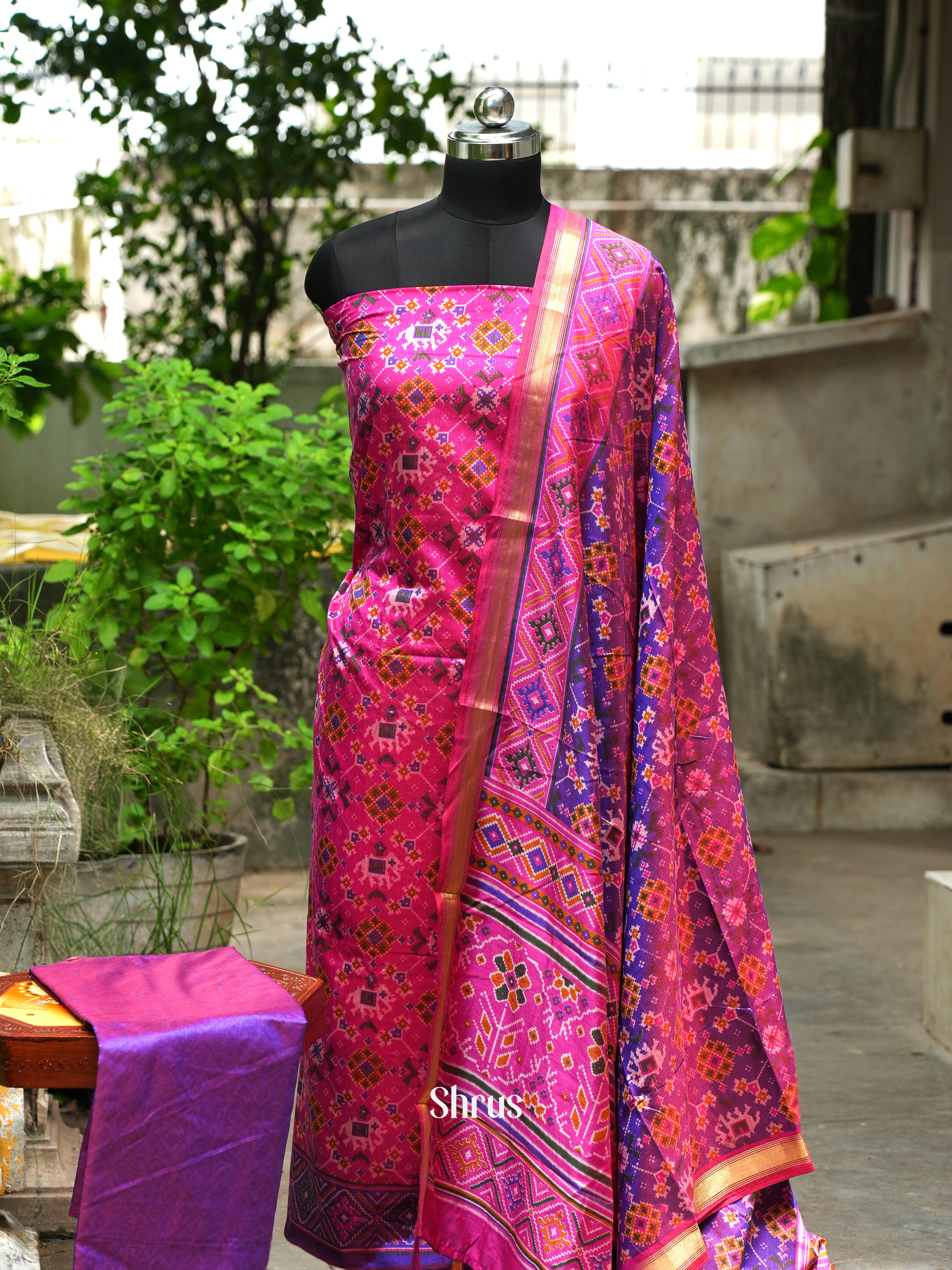 Pink & Purple - Semi Patola Unstitched Top, Bottom & Dupatta - CGS18241 - Shop on ShrusEternity.com