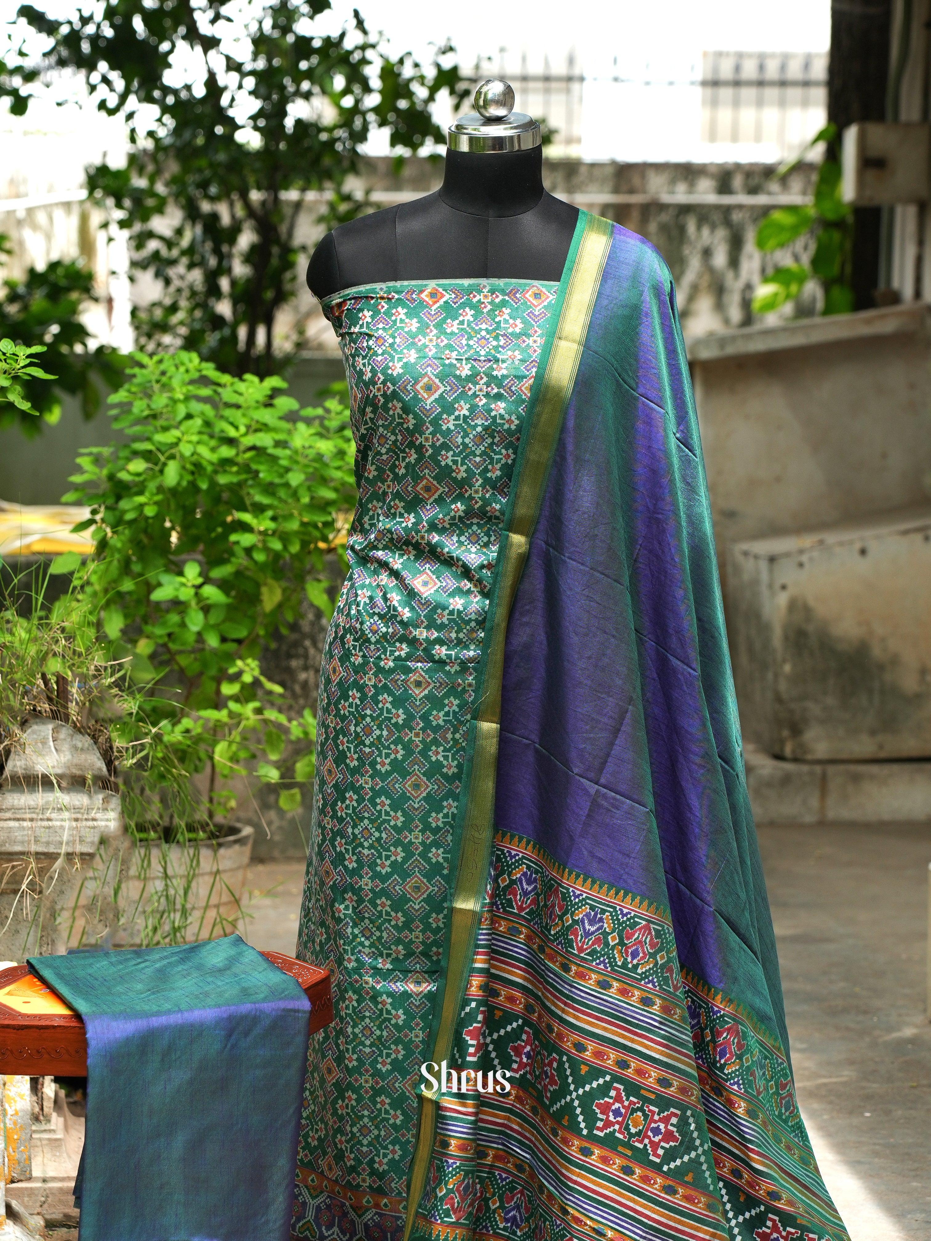 Green & Blue - Semi Patola Unstitched Top, Bottom & Dupatta - CGS18253 - Shop on ShrusEternity.com