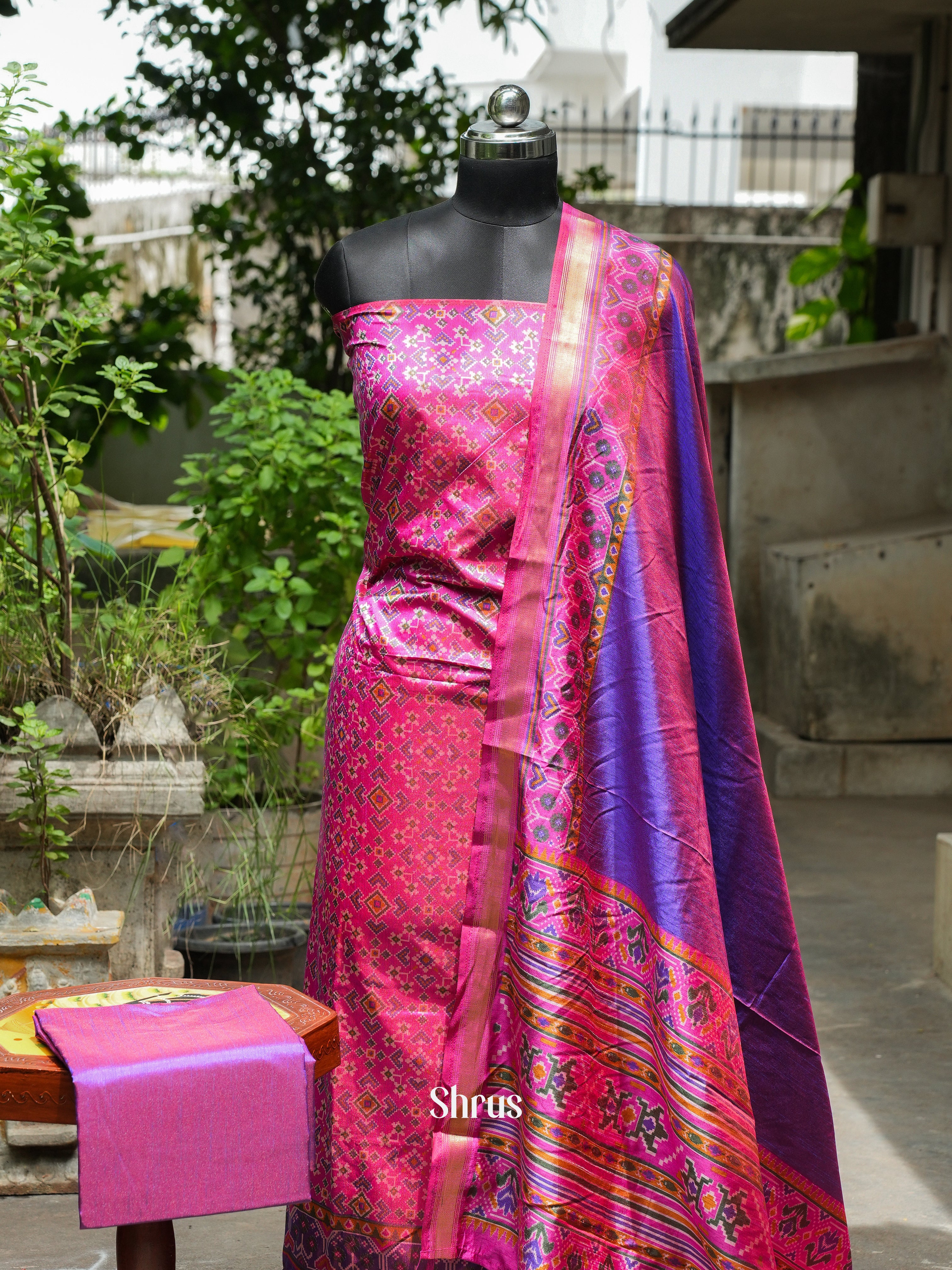 Pink & Purple - Semi Patola Unstitched Top, Bottom & Dupatta - CGS18254 - Shop on ShrusEternity.com