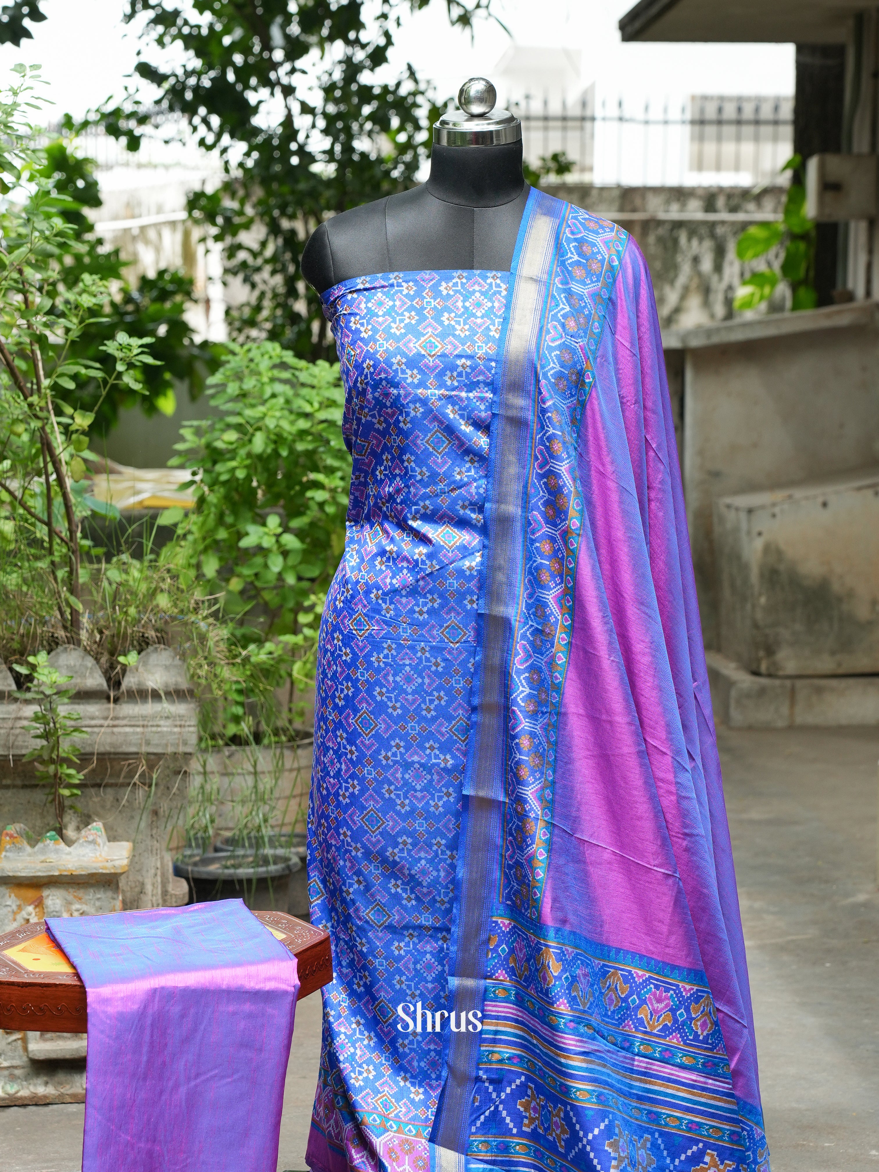 Blue & Purple - Semi Patola Unstitched Top, Bottom & Dupatta - CGS18255 - Shop on ShrusEternity.com