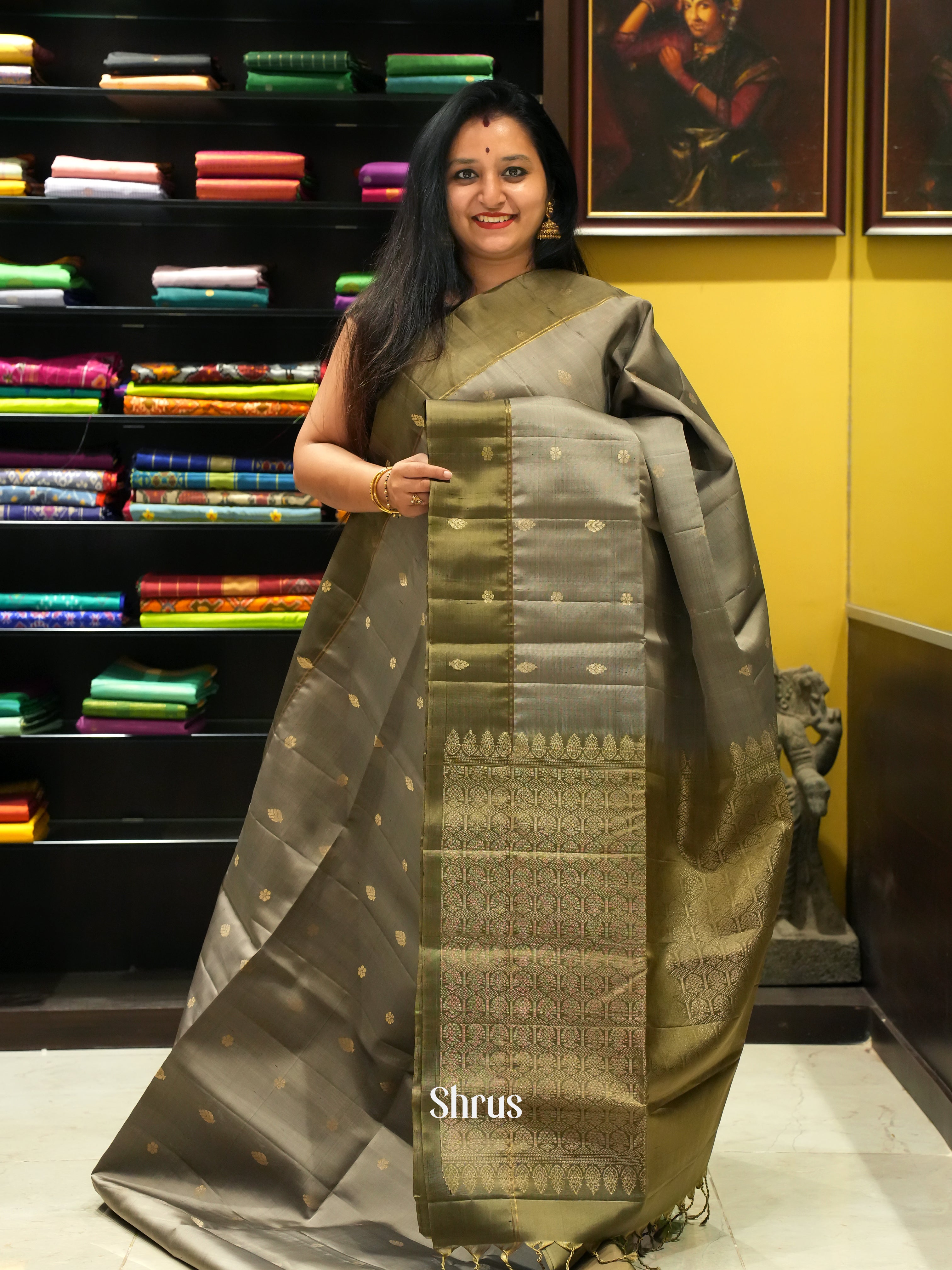Grey & Green - Soft Silk Saree - Shop on ShrusEternity.com