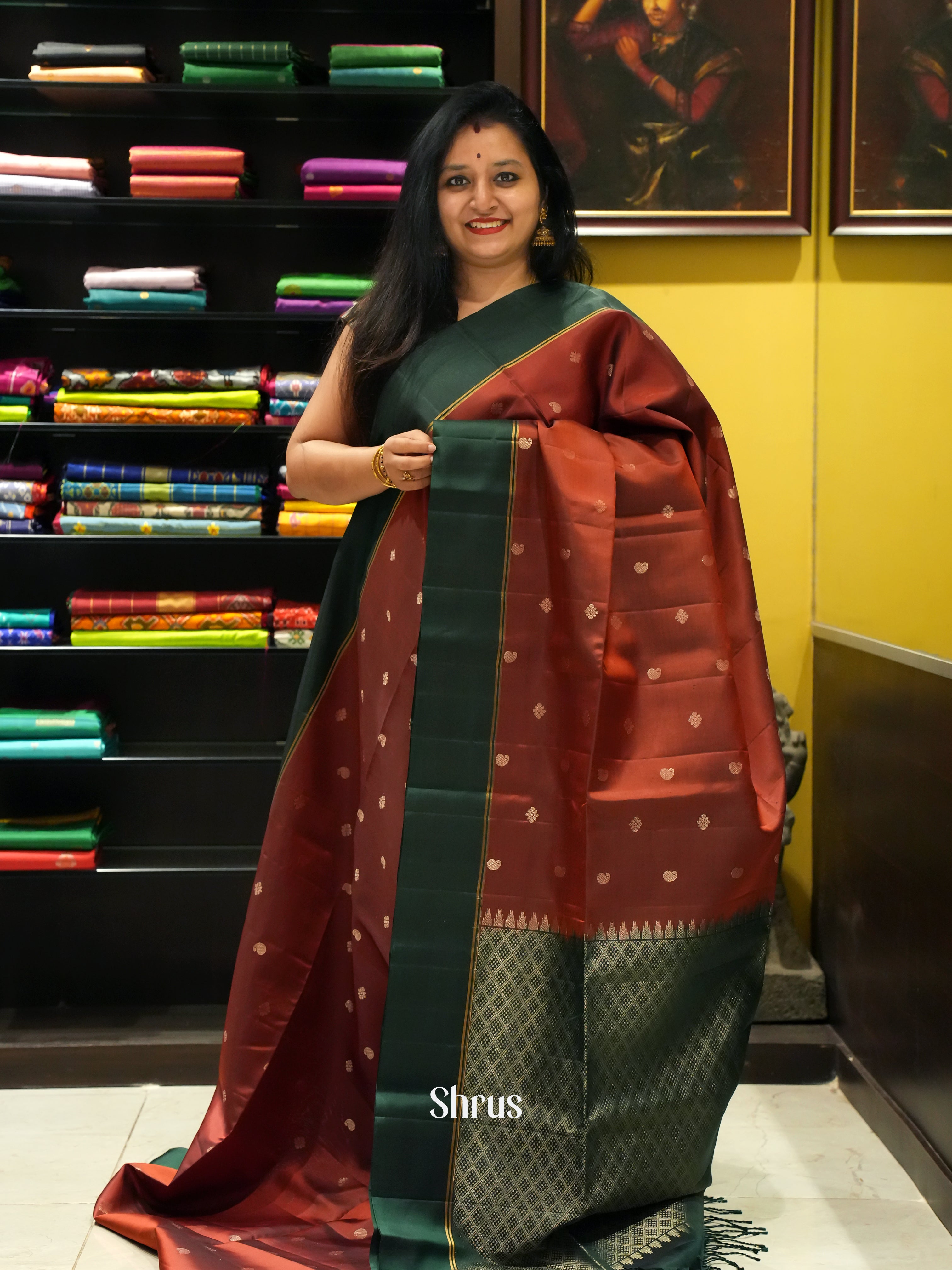 Brown & Green - Soft Silk Saree - Shop on ShrusEternity.com