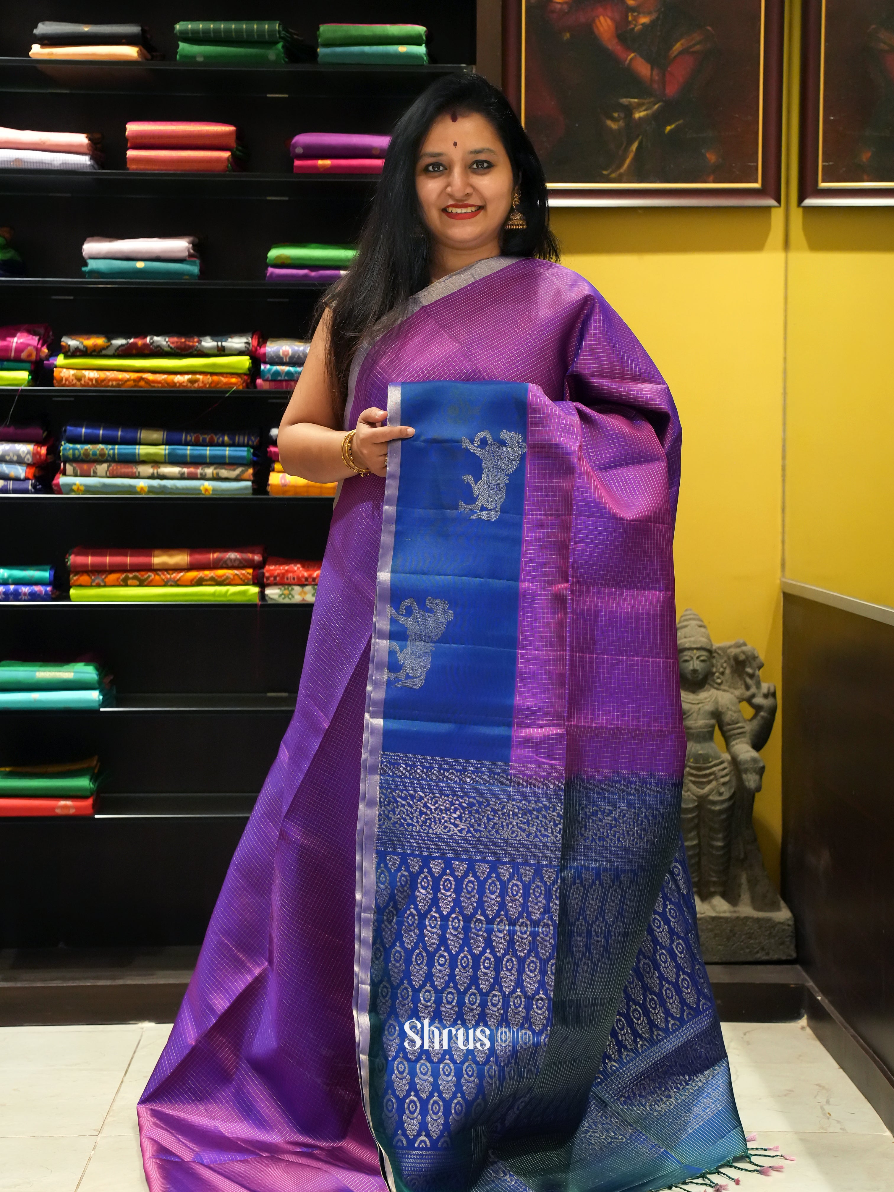 Purple & Blue - Soft Silk Saree - Shop on ShrusEternity.com