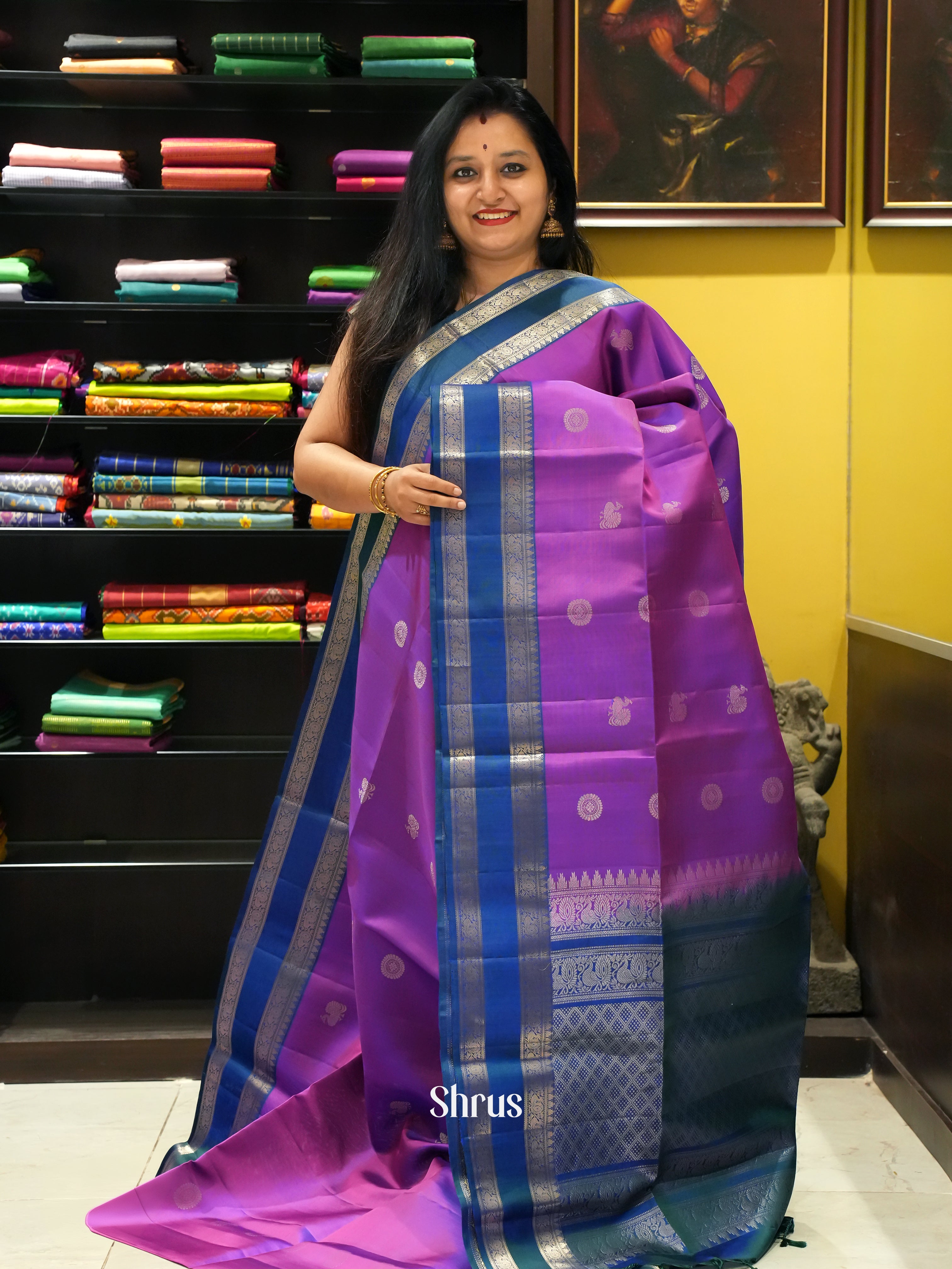 Purple & Peacock Blue - Soft Silk Saree - Shop on ShrusEternity.com