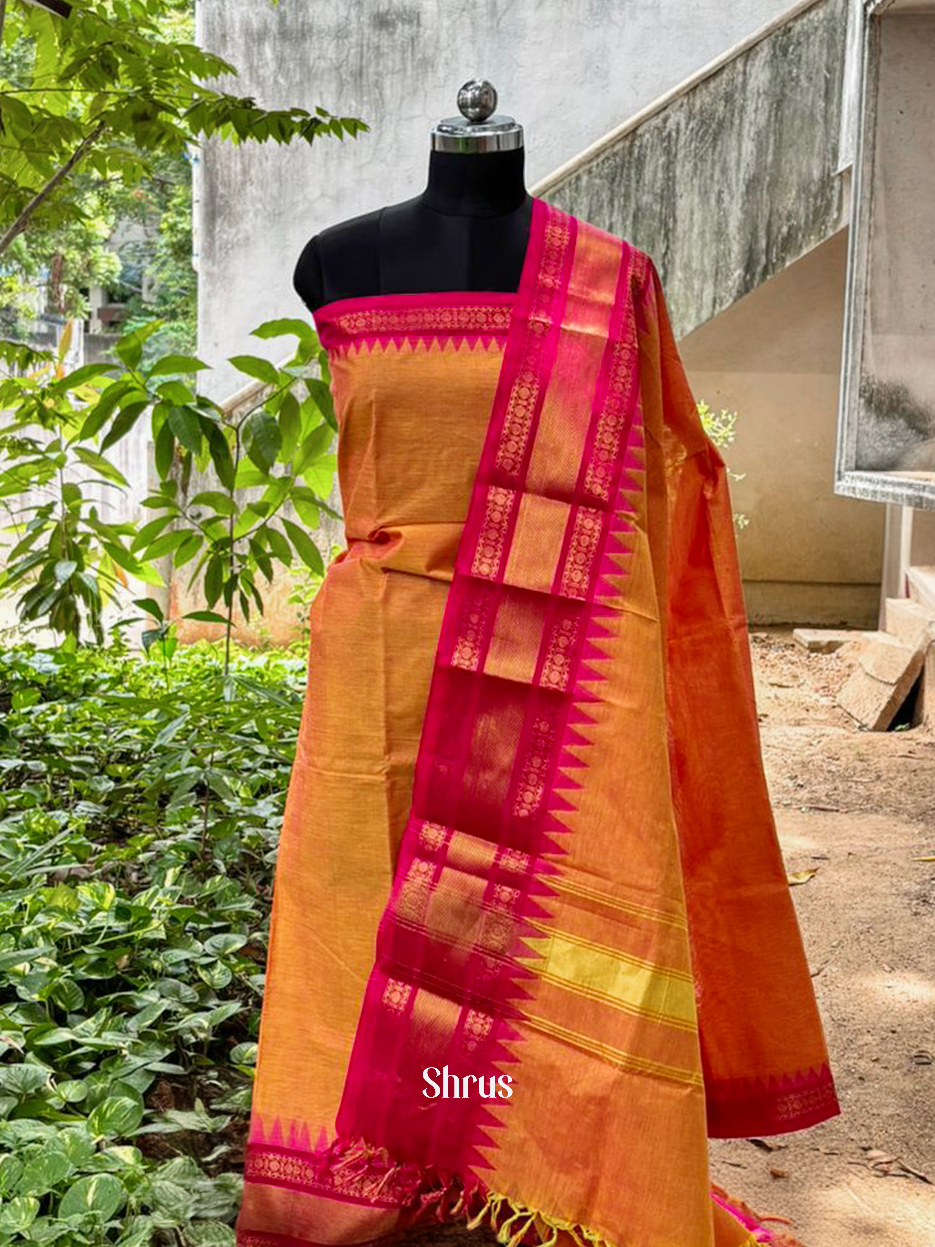 Orange & Pink - Chettinad Cotton Top & Dupatta - Shop on ShrusEternity.com