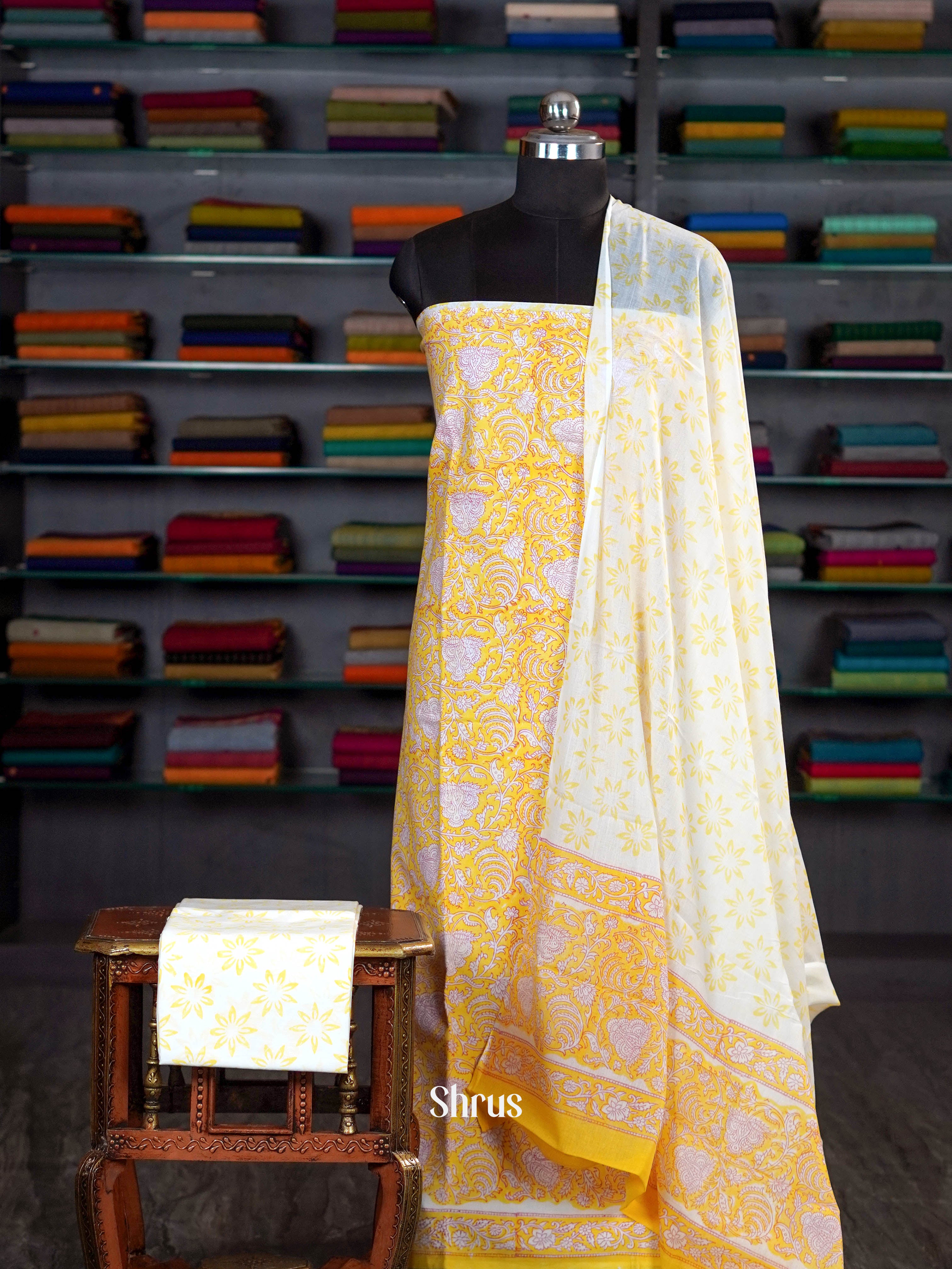 Bright Yellow & White - unstitched salwar - Shop on ShrusEternity.com