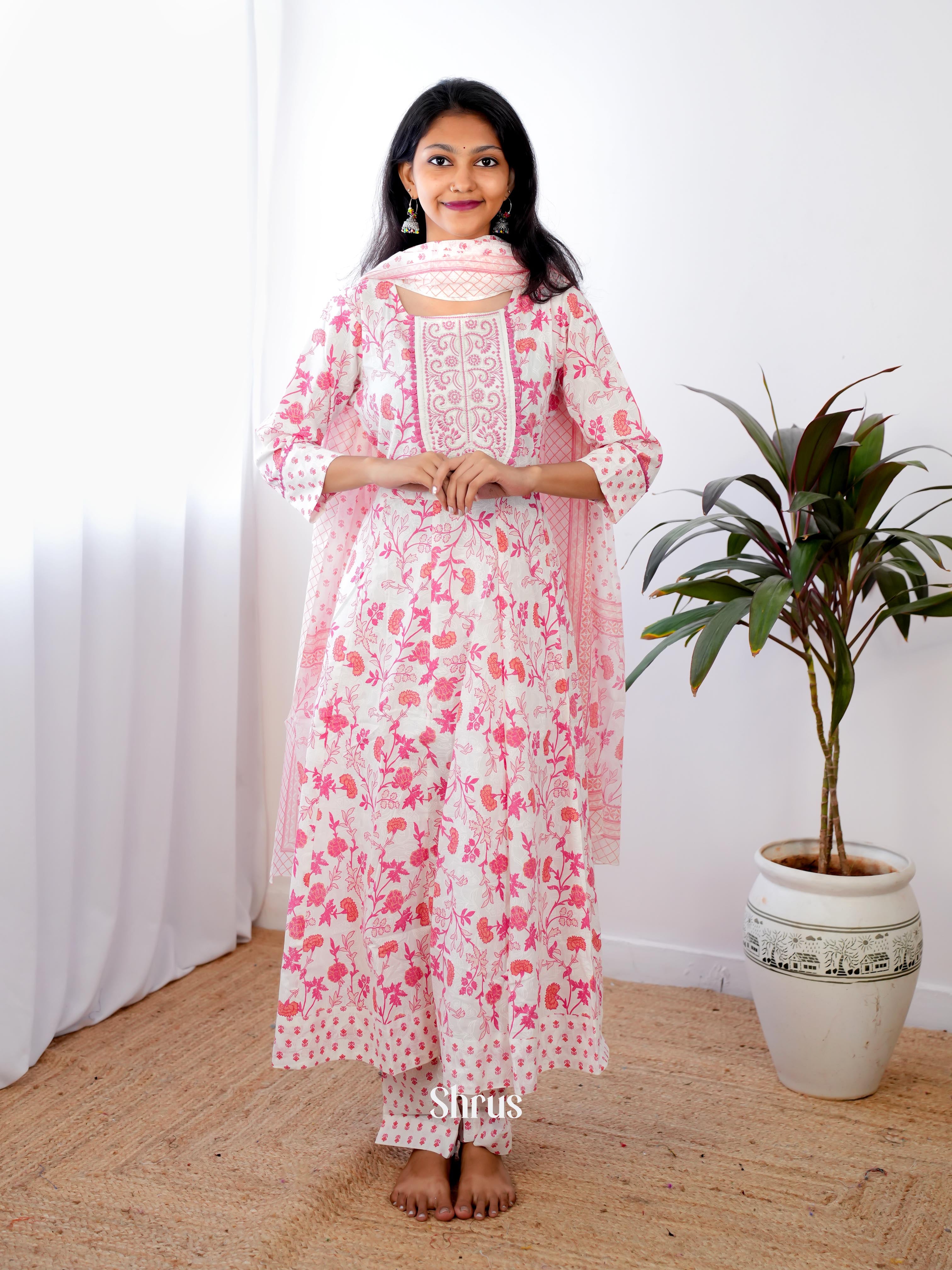 Pink & Cream - 3 pc Anarkali Readymade Suits - Shop on ShrusEternity.com