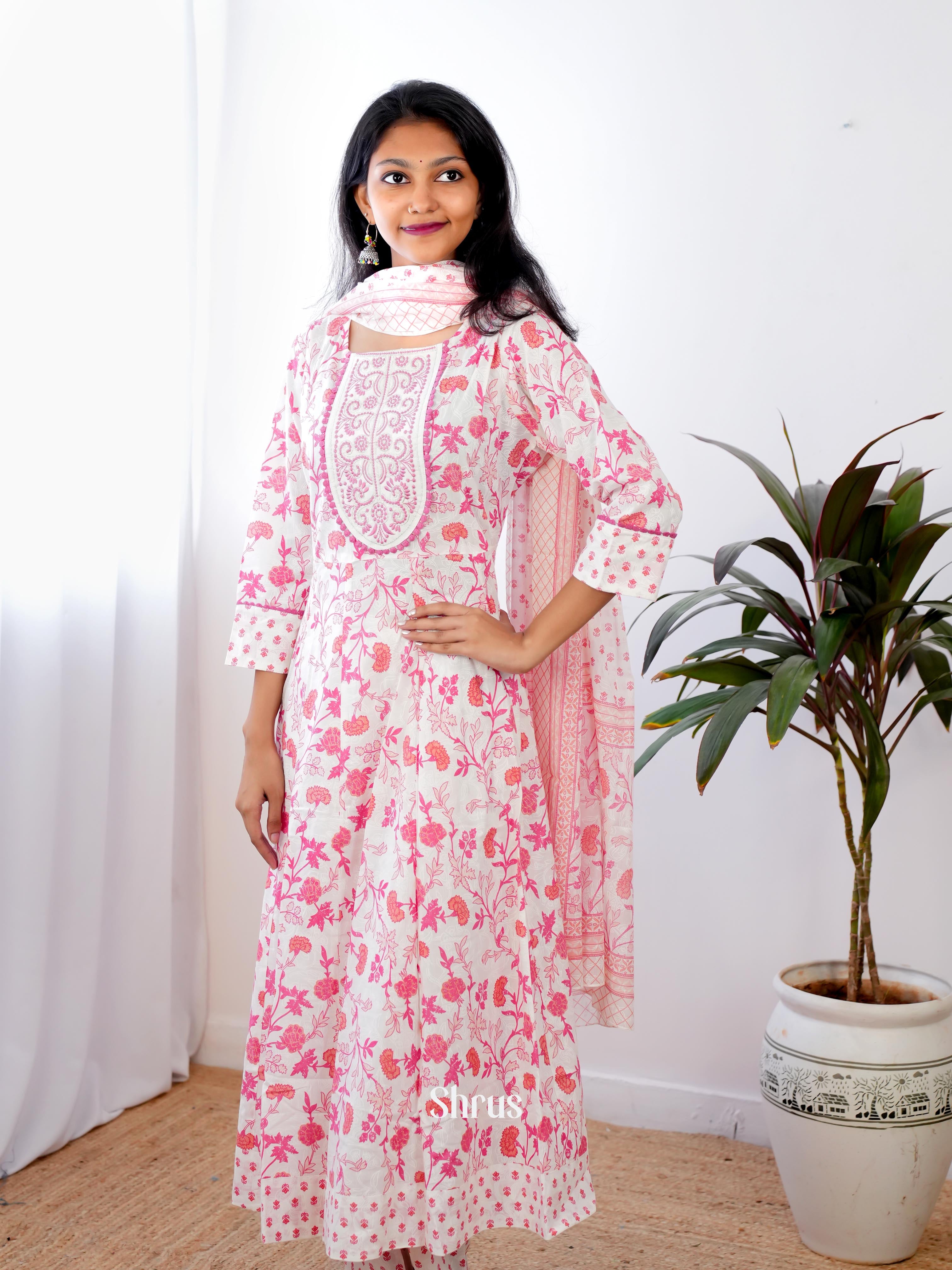 Pink & Cream - 3 pc Anarkali Readymade Suits - Shop on ShrusEternity.com