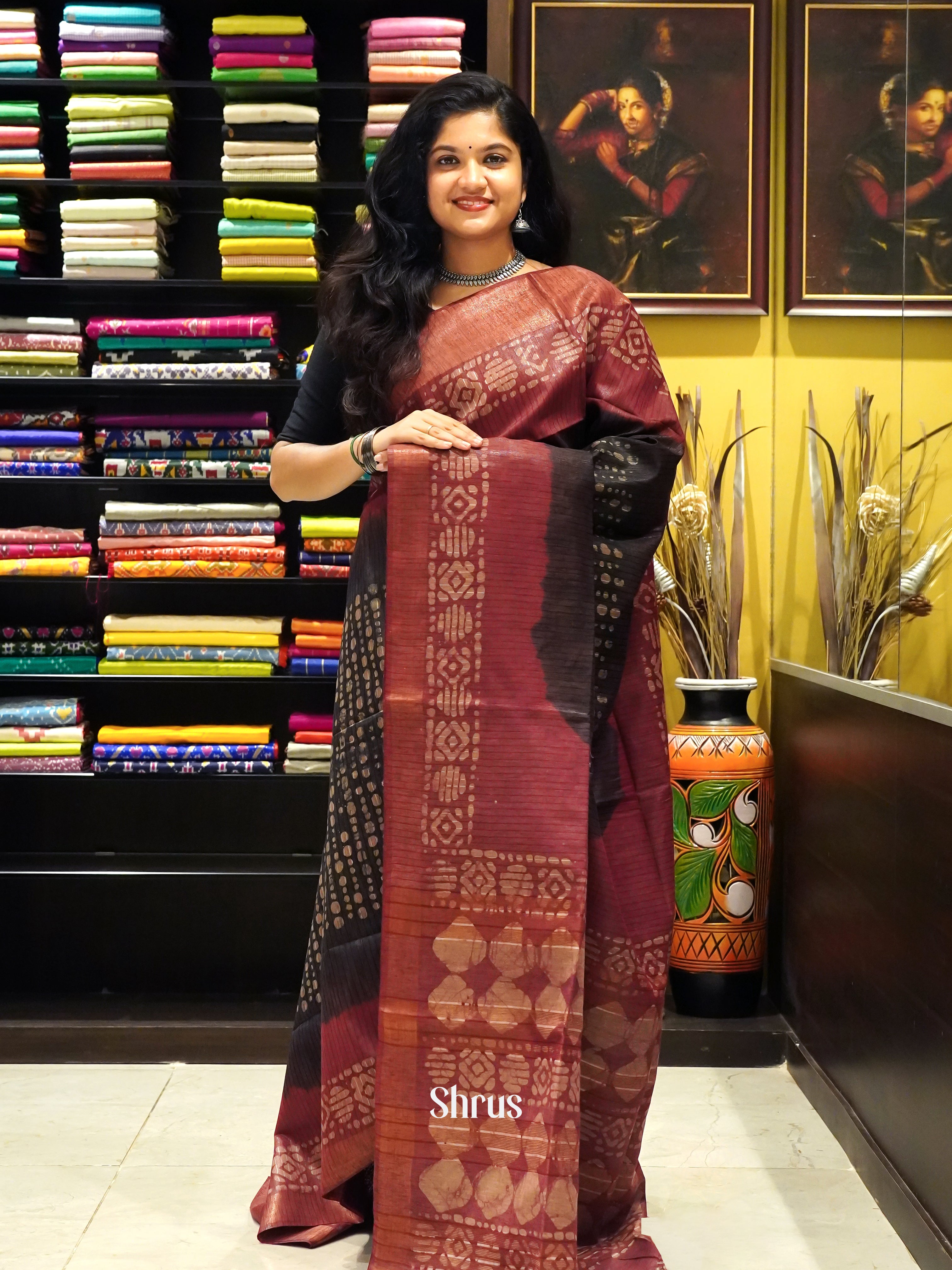 Black & Maroon - Bhatik Saree - Shop on ShrusEternity.com