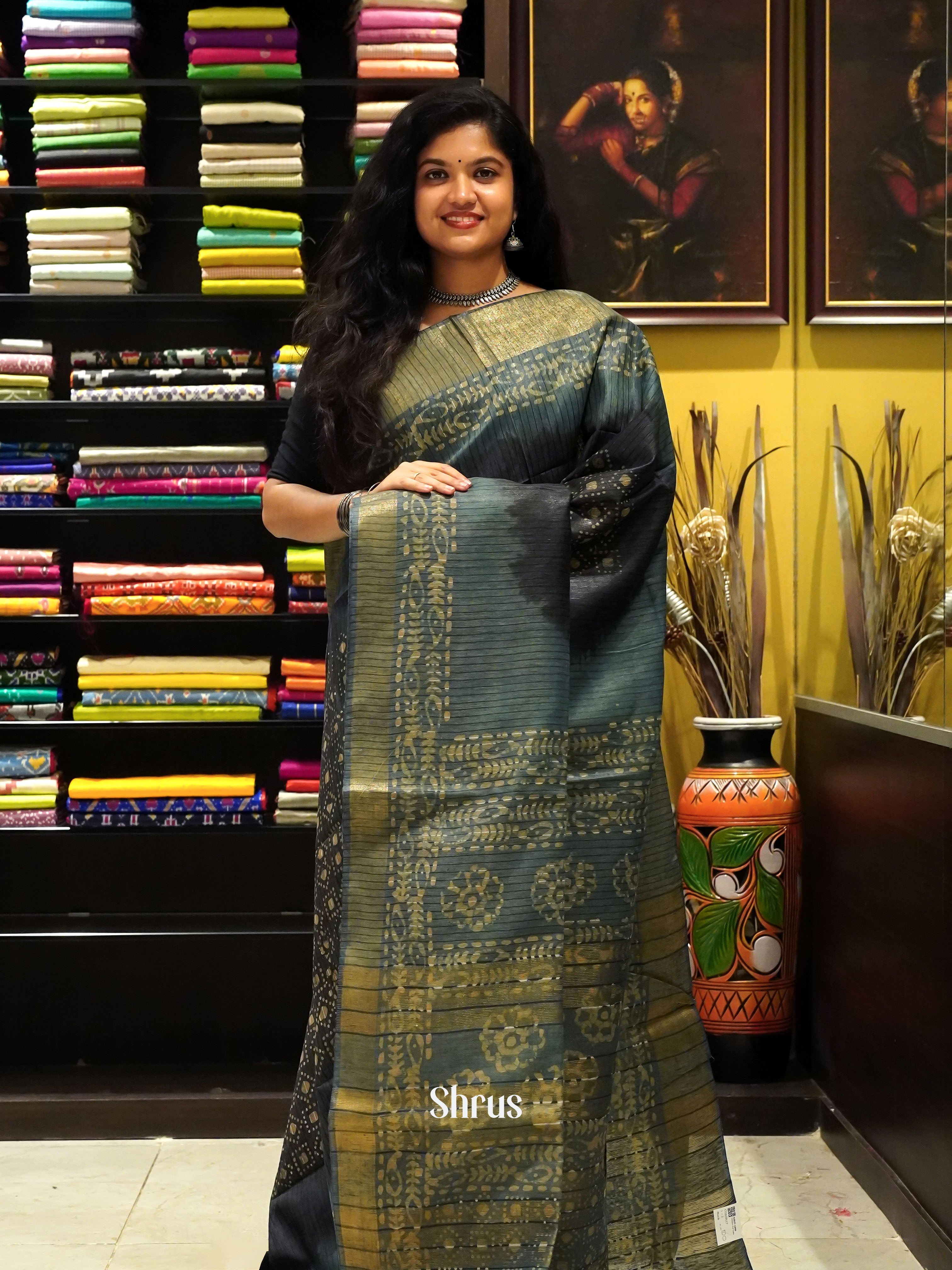 Black & Bluish Grey - Bhatik Saree - Shop on ShrusEternity.com