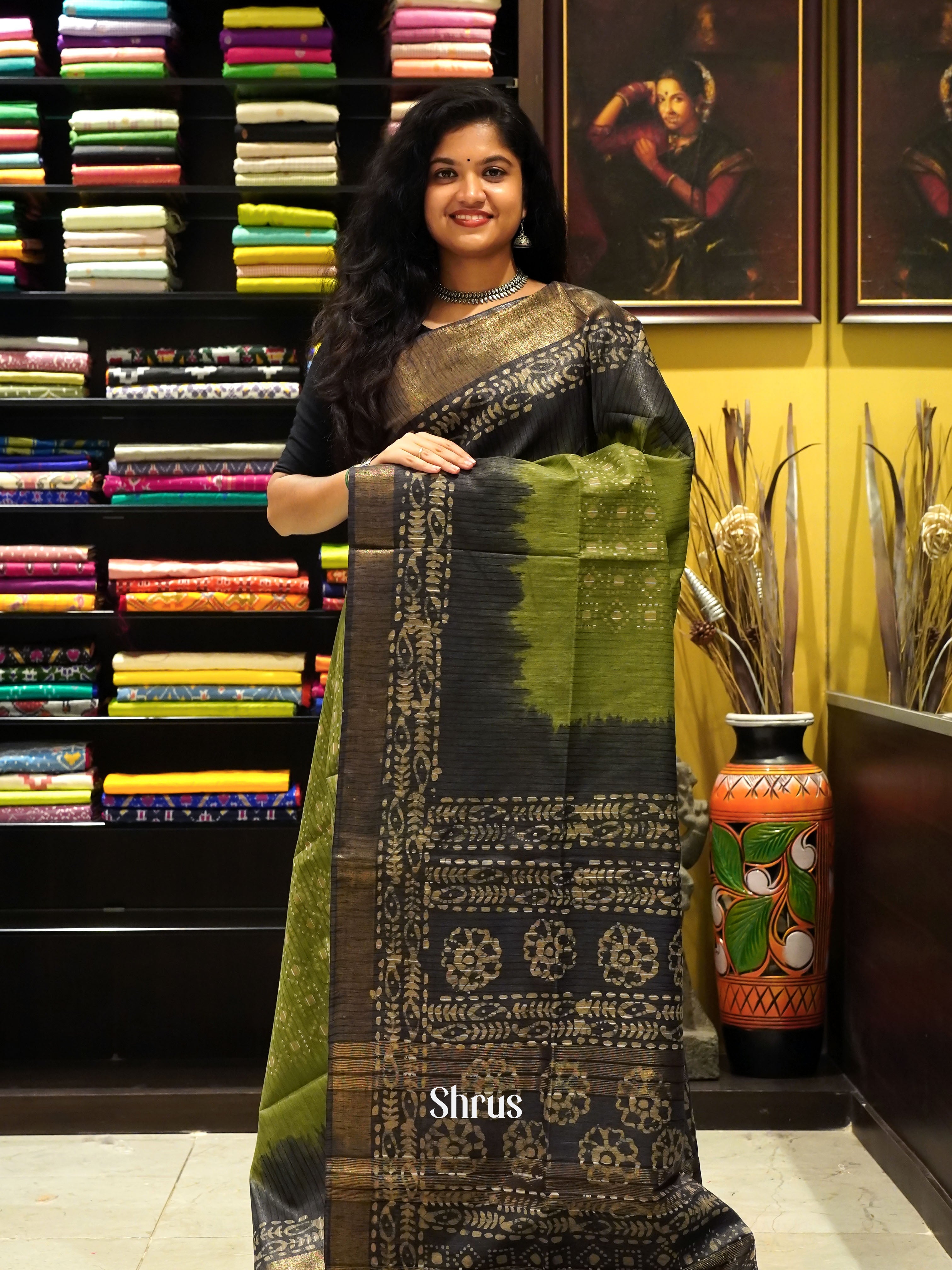 Green & Grey- Bhatik Saree - Shop on ShrusEternity.com