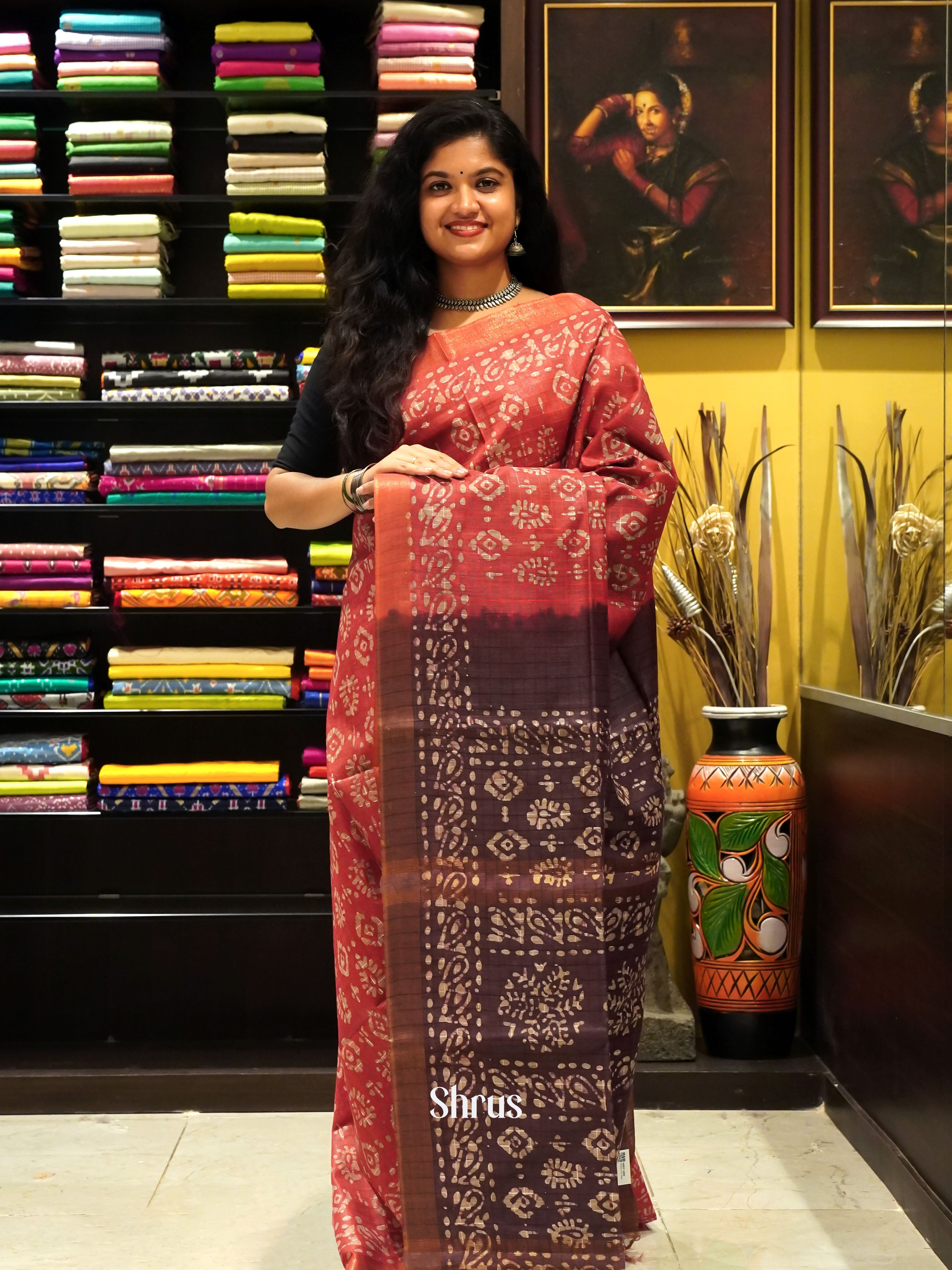 Red & Brown -Bhatik Saree - Shop on ShrusEternity.com