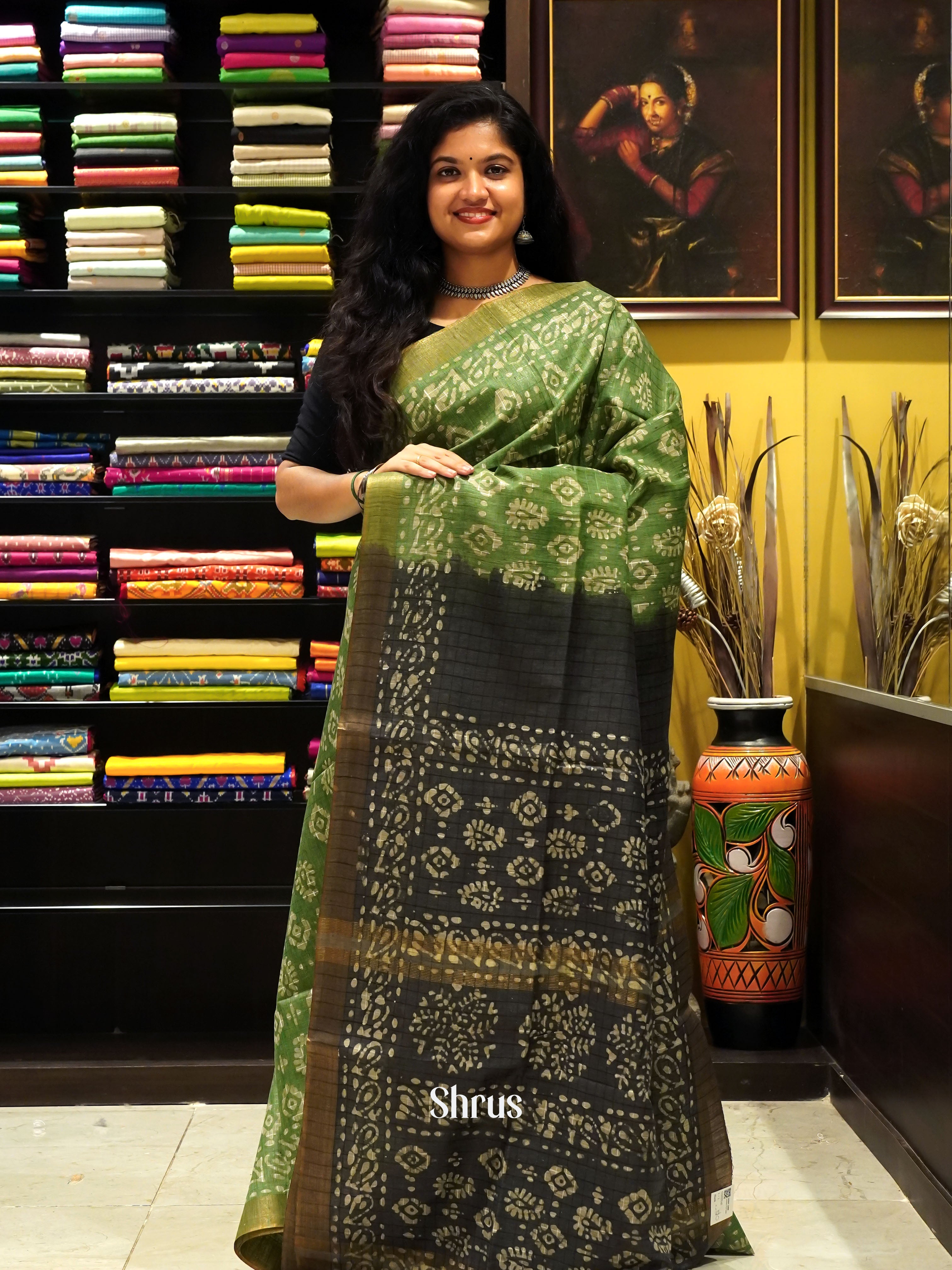 Green & Grey -Bhatik Saree - Shop on ShrusEternity.com