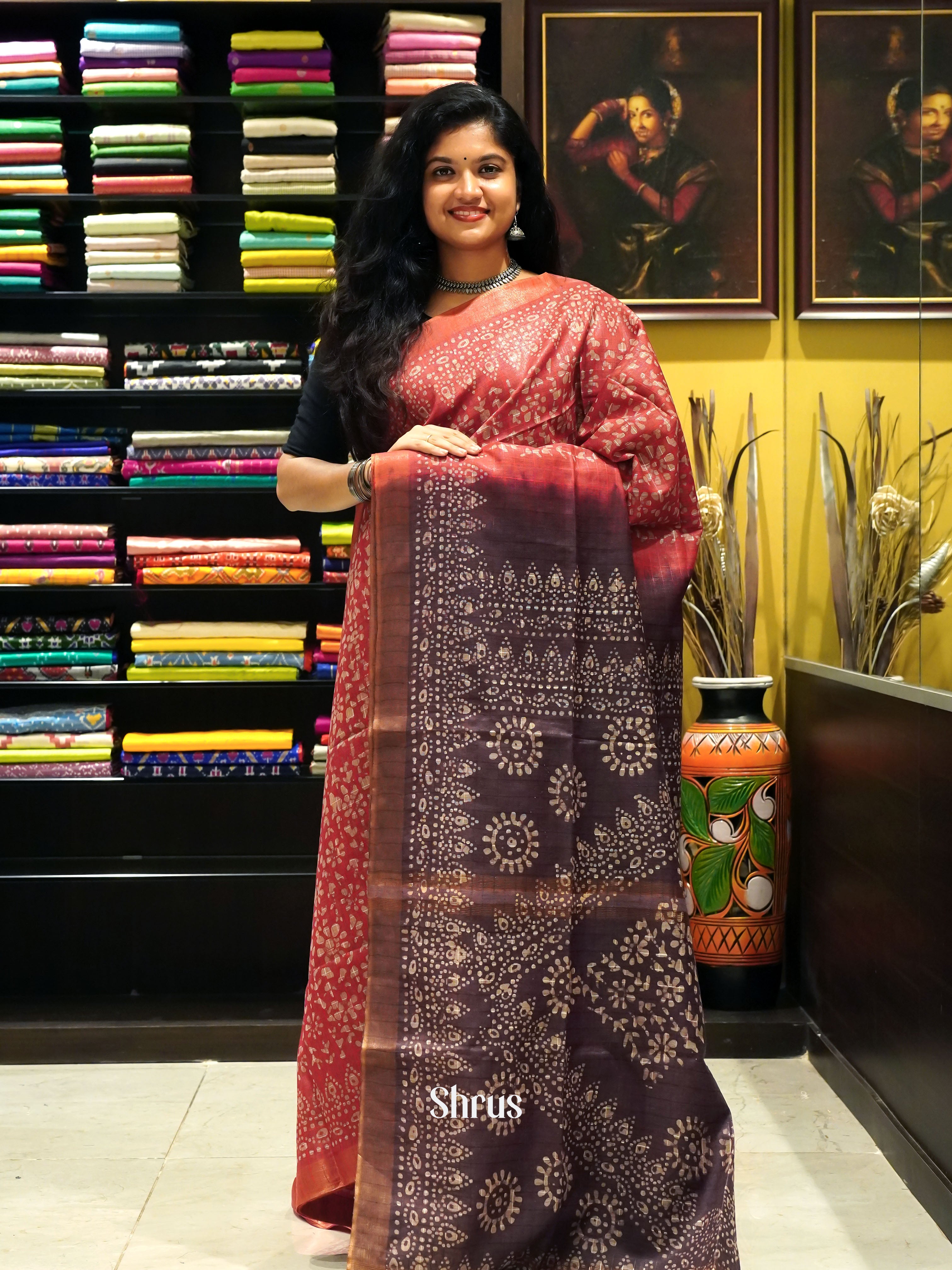 Red & Brown - Bhatik Saree - Shop on ShrusEternity.com