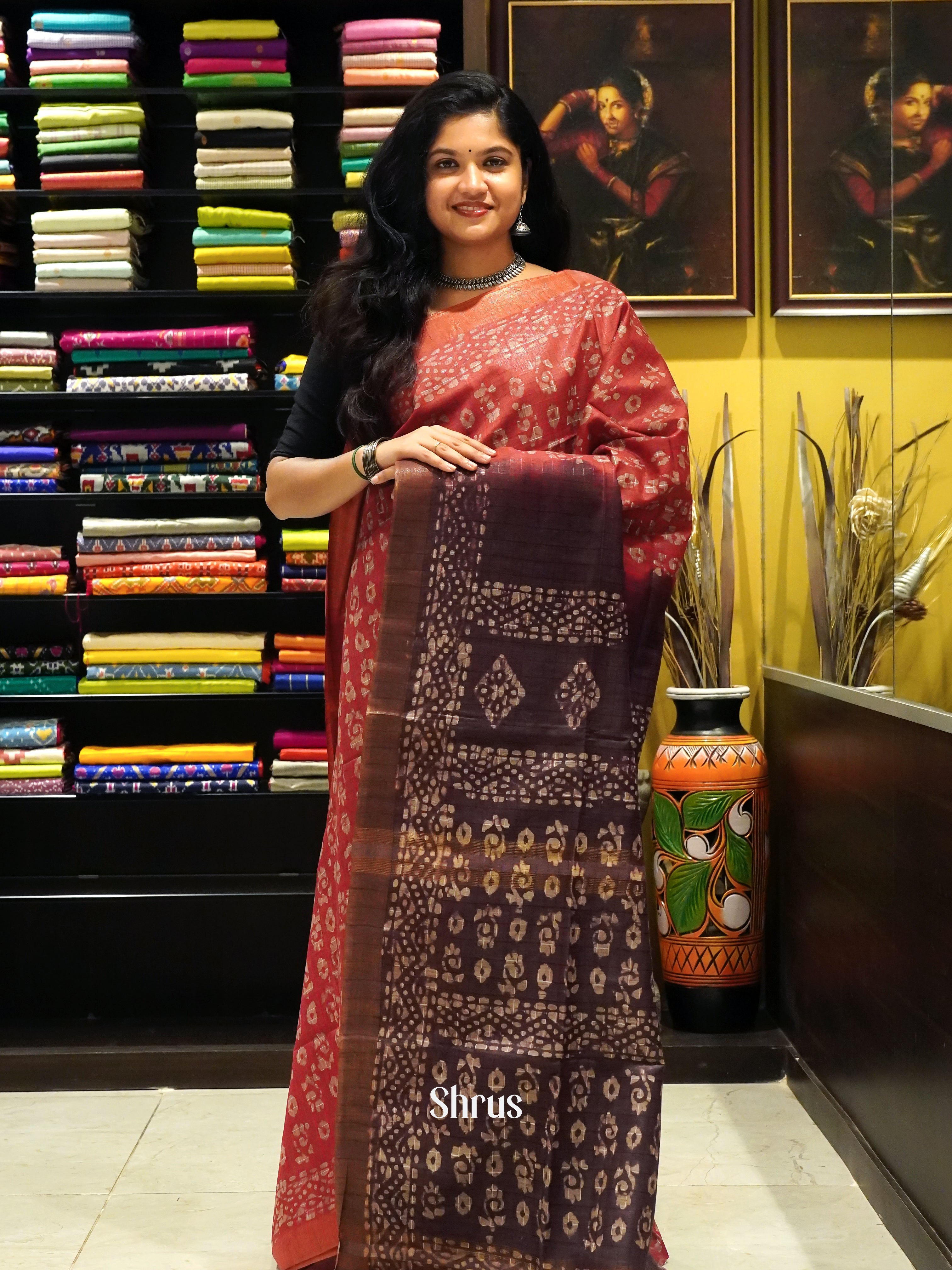 Red & Brown - Bhatik Saree - Shop on ShrusEternity.com