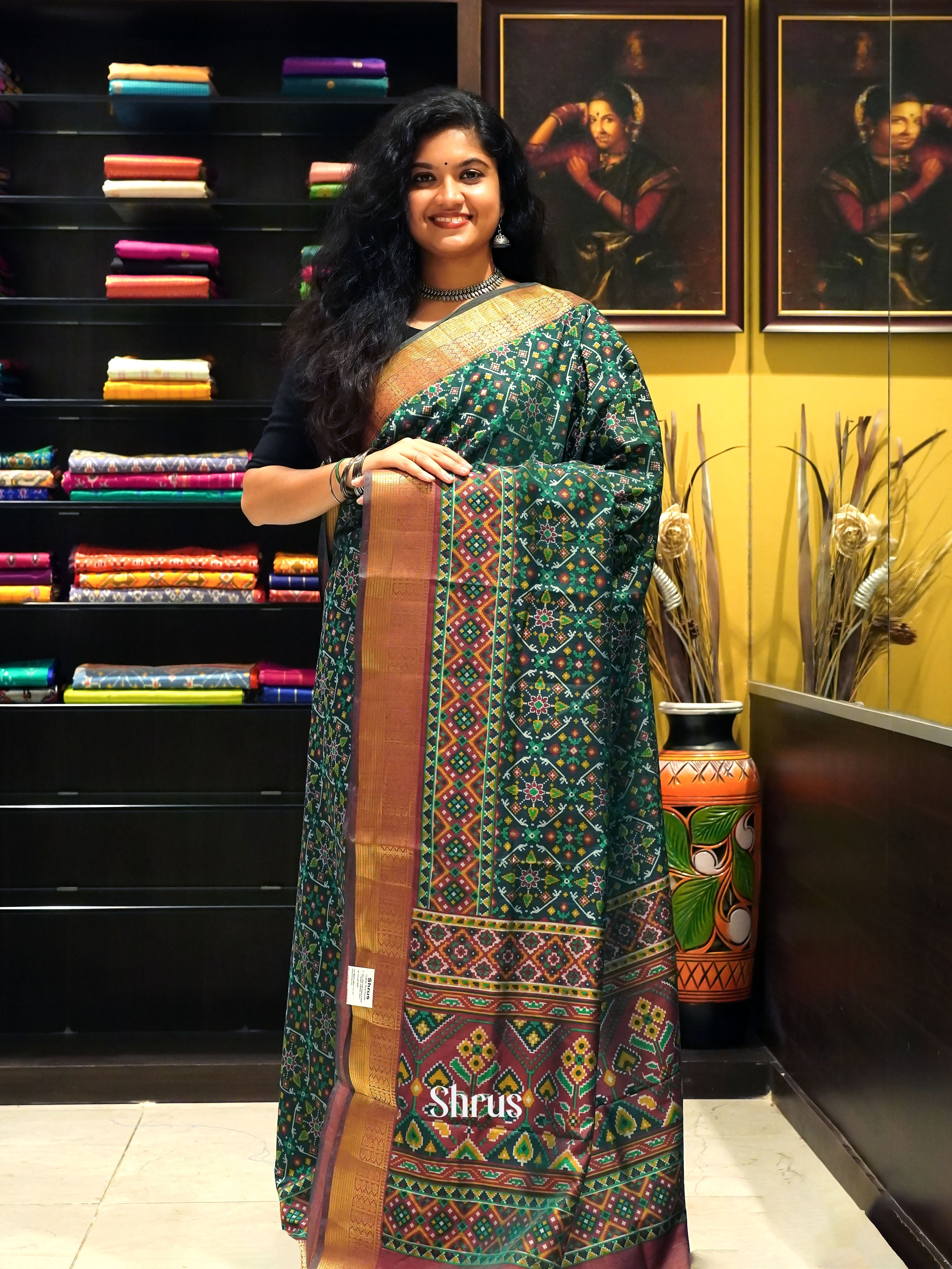 Green & Brown - Semi Patola Saree - Shop on ShrusEternity.com
