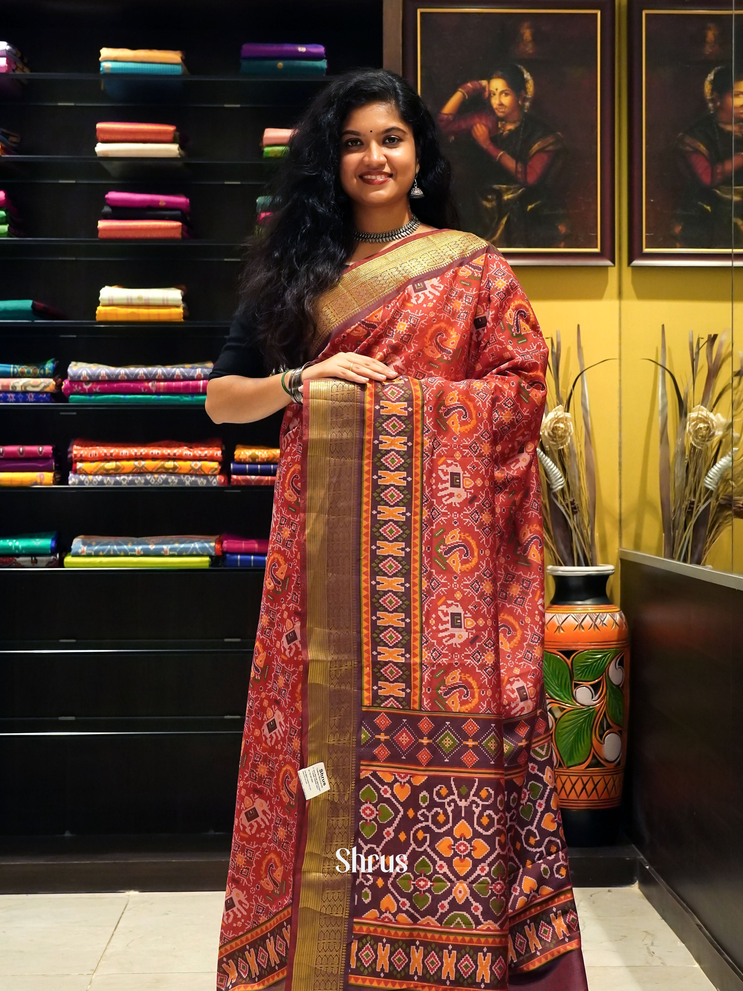 Red & Brown - Semi Patola Saree - Shop on ShrusEternity.com