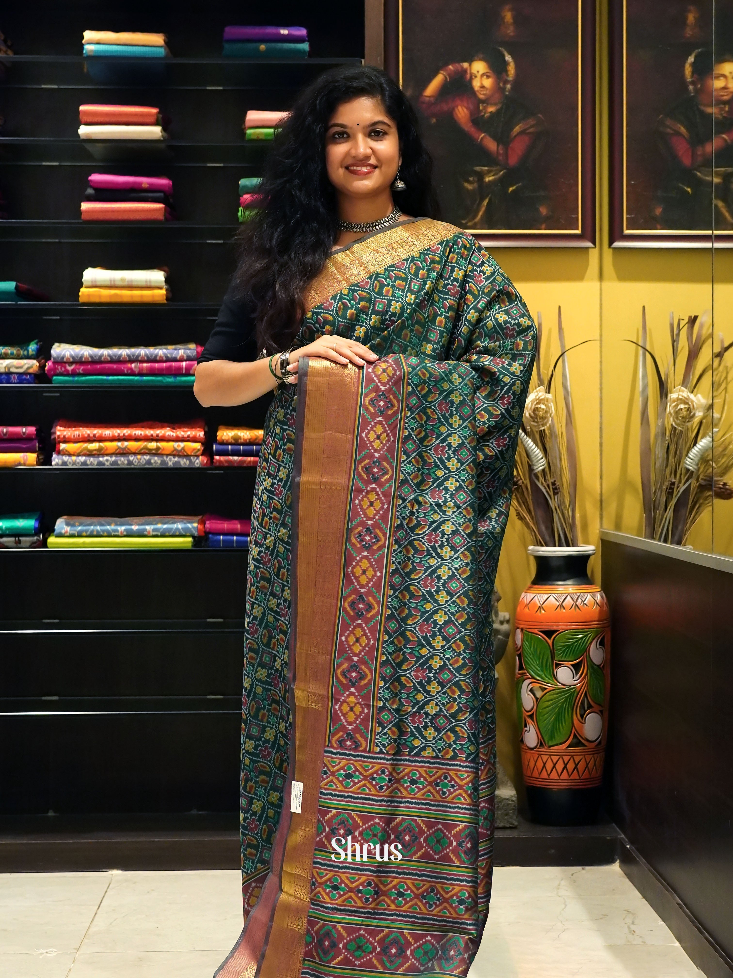 Green & Brown - Semi Patola Saree - Shop on ShrusEternity.com