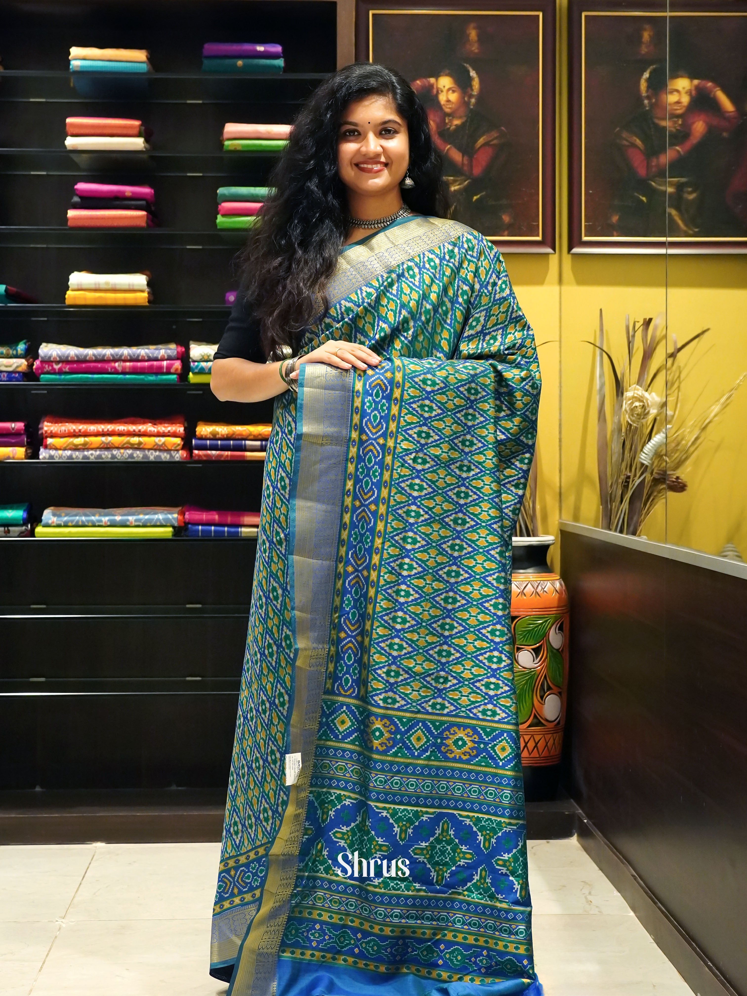 Green & Blue - Semi Patola Saree - Shop on ShrusEternity.com