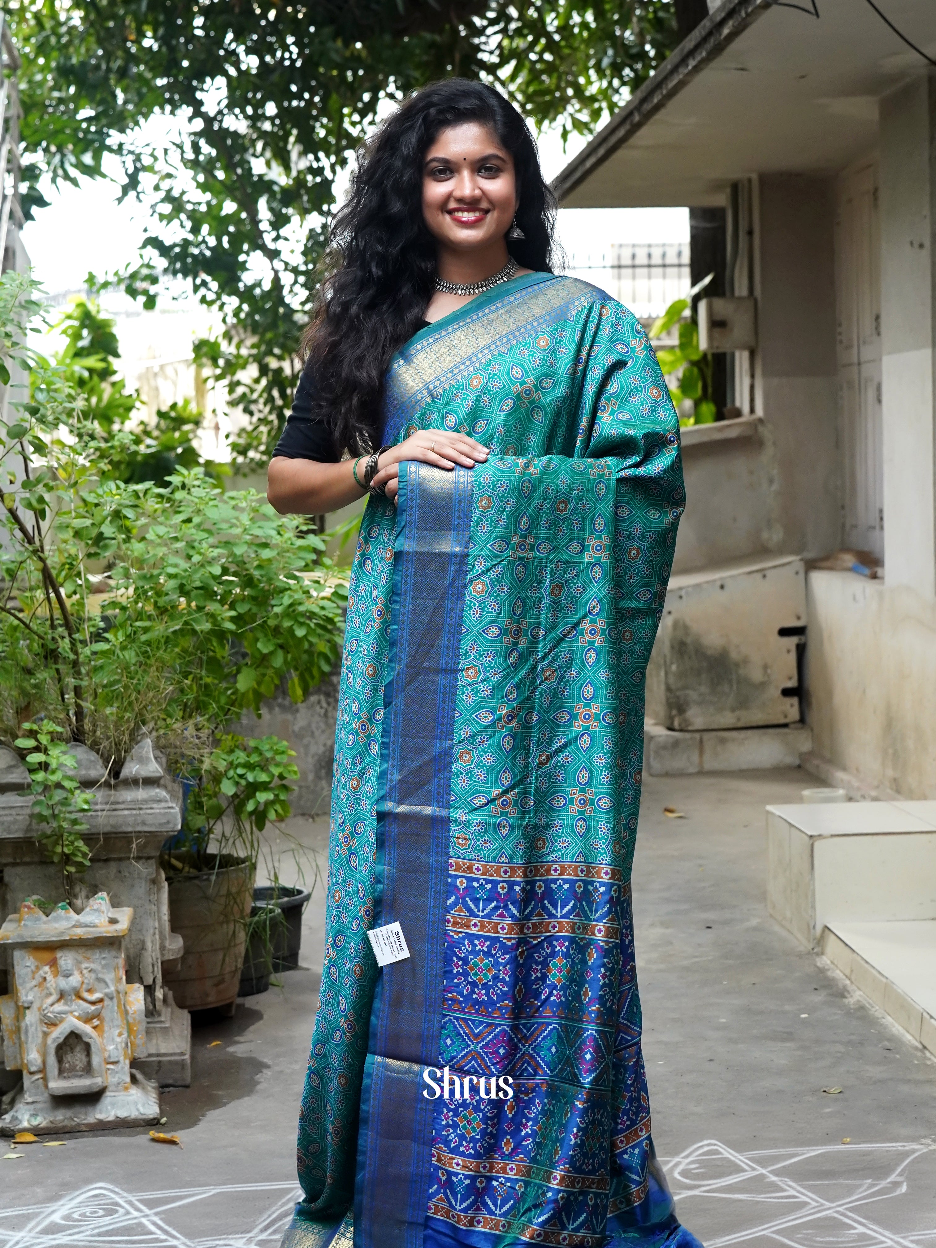 Green & Blue - Semi Patola Saree - Shop on ShrusEternity.com